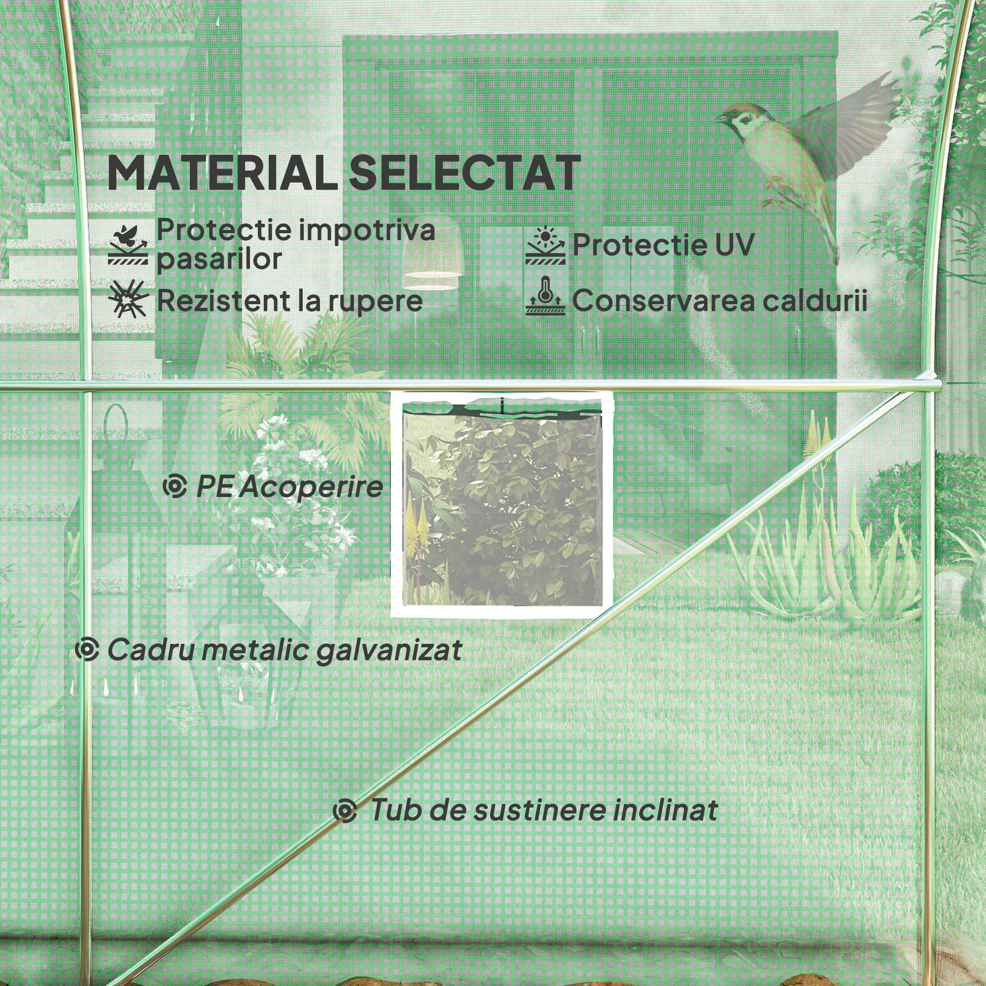  Sera Tip Tunel Anti-UV cu 6 Ferestre cu Plasa si Intrare Rulabila, din Metal si PE, 4x2x2 m, Verde [3]