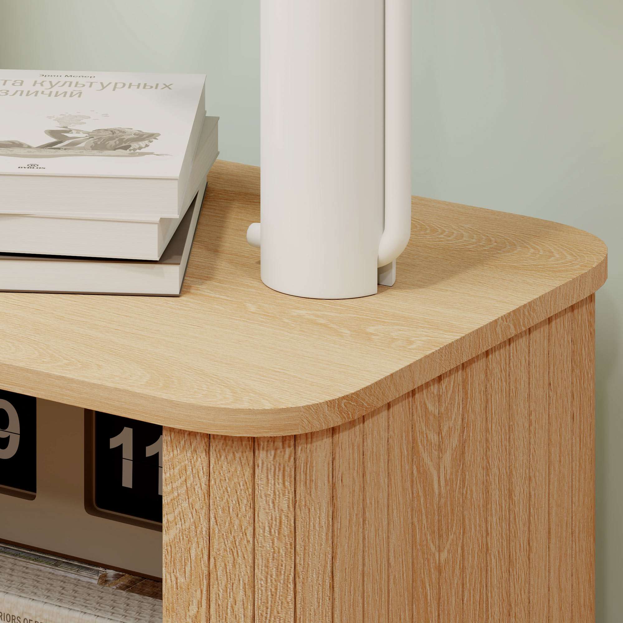  Set 2 Noptiere in stil Nordic cu Raft pe 2 Niveluri si Usa Culisanta pentru Dormitor, 48x40x48 cm, Lemn Natural [7]