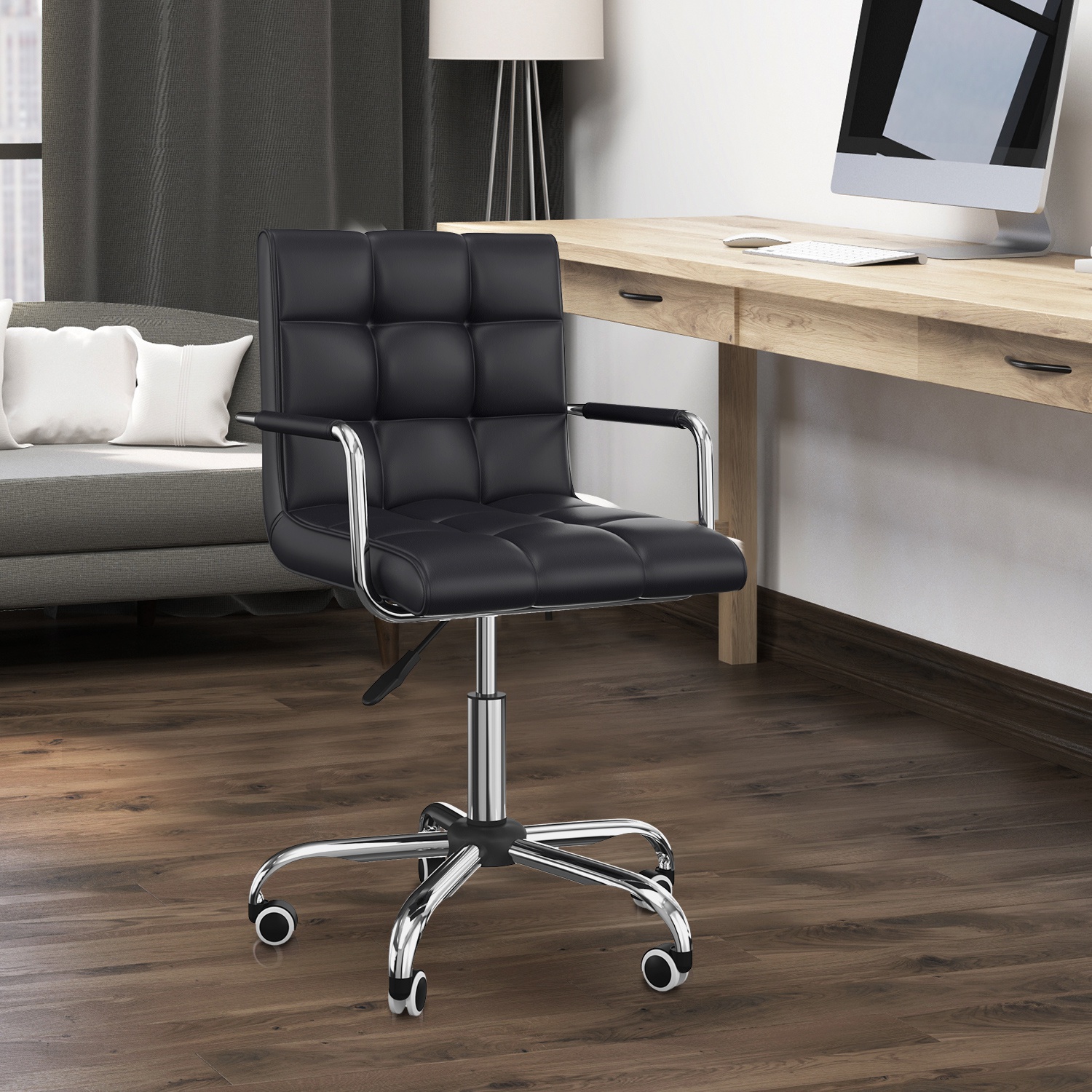  Scaun Rotativ cu Brate din Piele Sintetica, Negru 52.5x54x94cm [1]