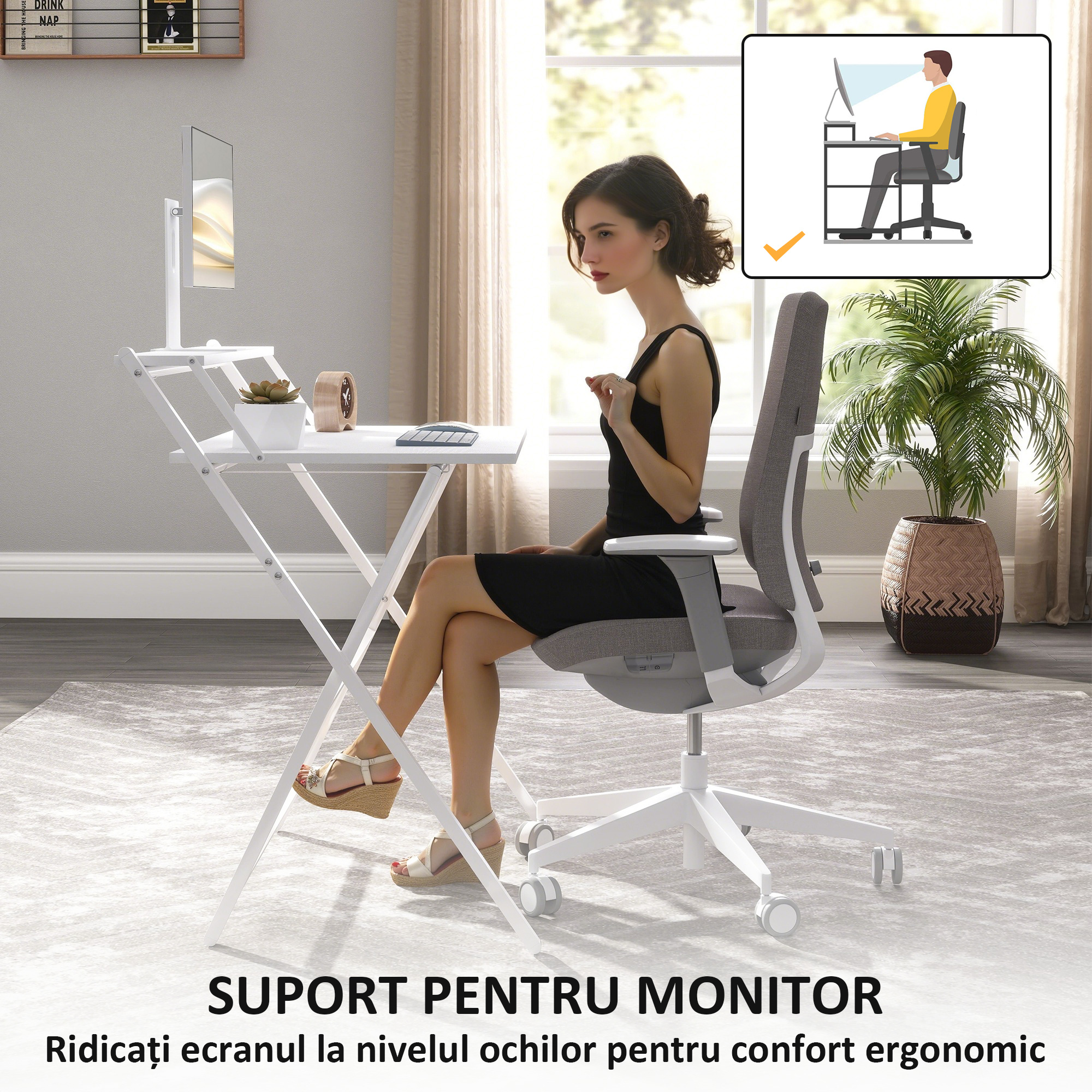  Birou Pliabil cu Polita pentru Monitor, 81.5x62x86.5 cm Alb [4]