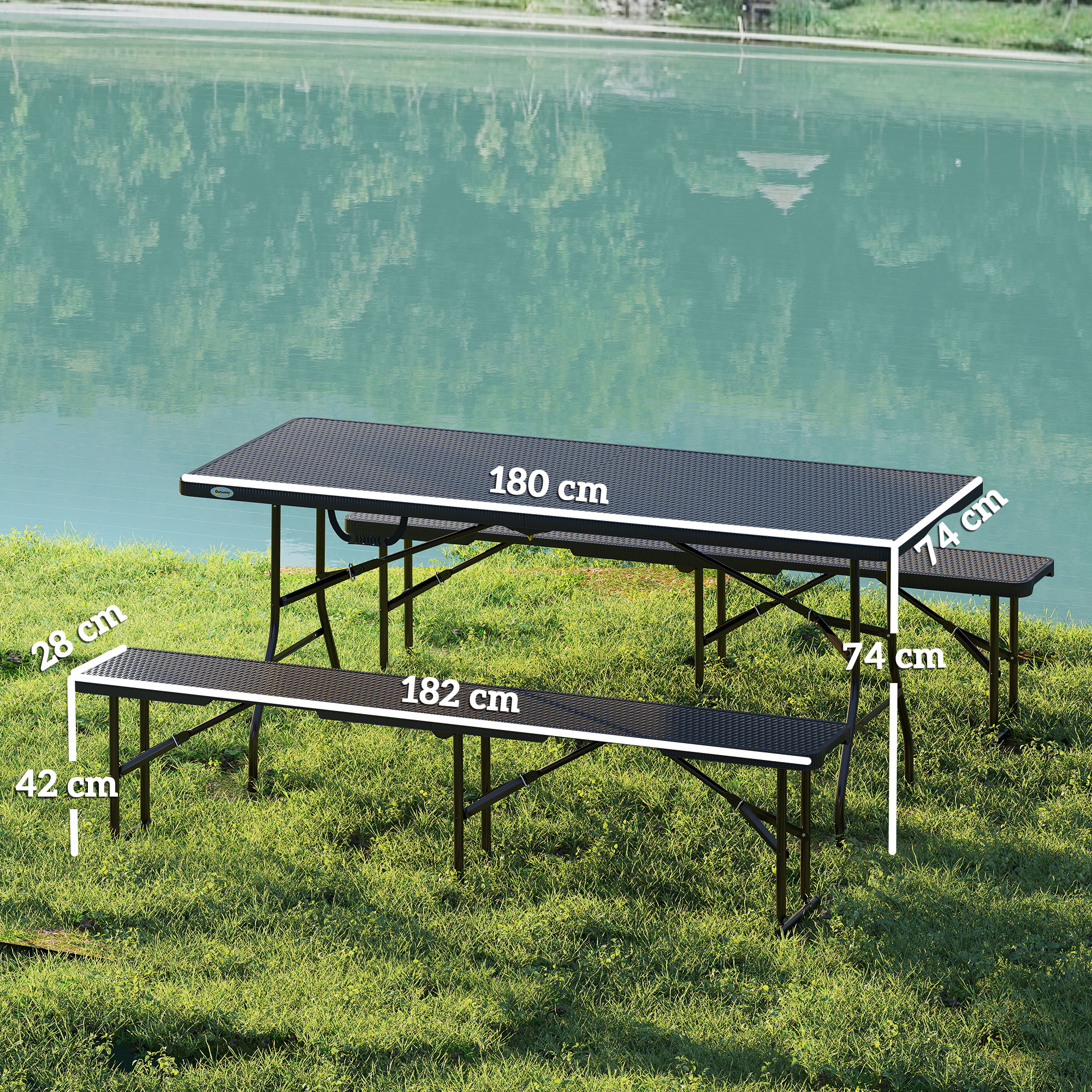  Set Masa de Camping Pliabila cu 2 Scaune si Manere din HDPE si Metal, 180x74x74 cm, Negru [2]