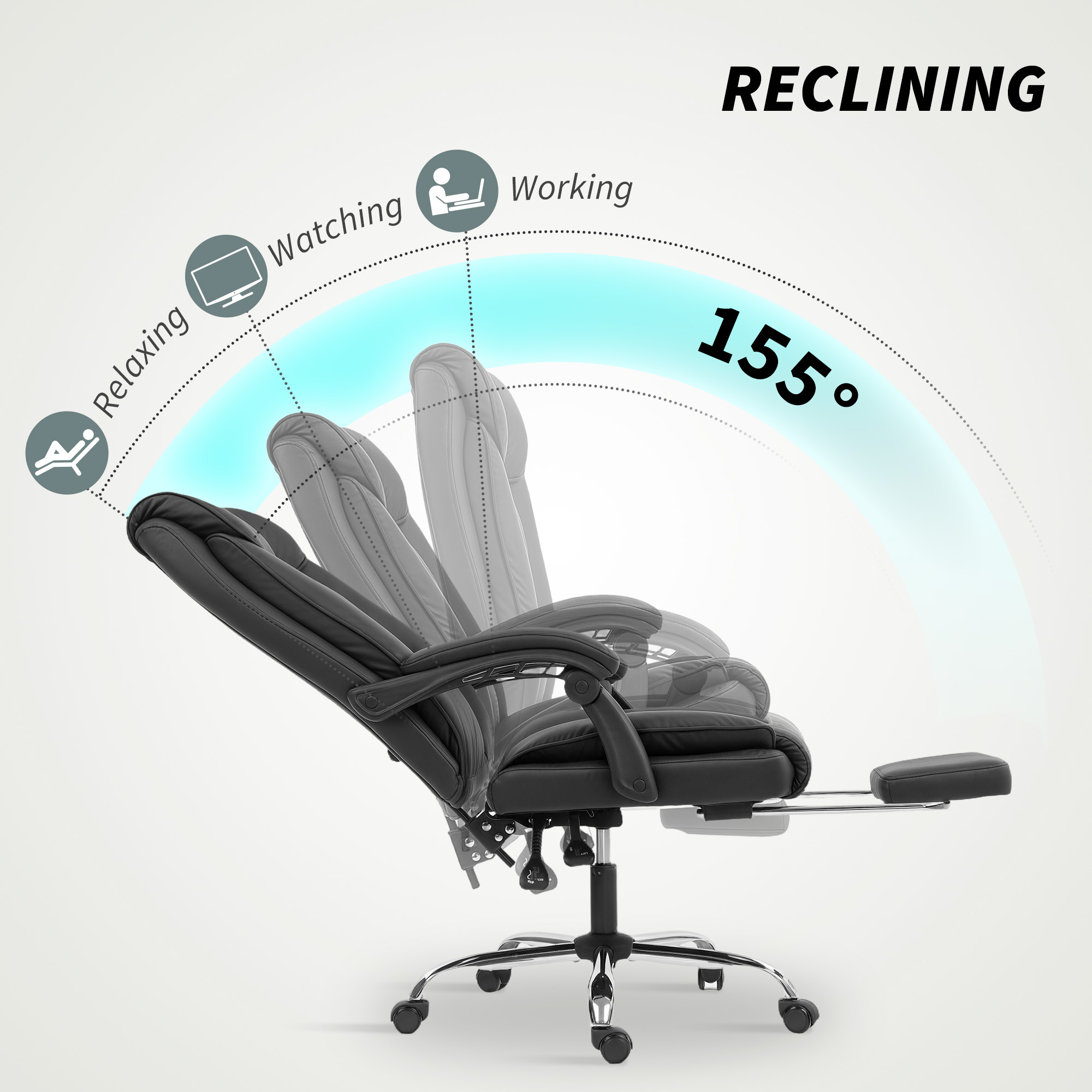  Scaun de Birou Reclinabil la 155° cu Suport pentru Picioare, Perne Duble si Tapiterie din Piele Ecologica, Negru [3]