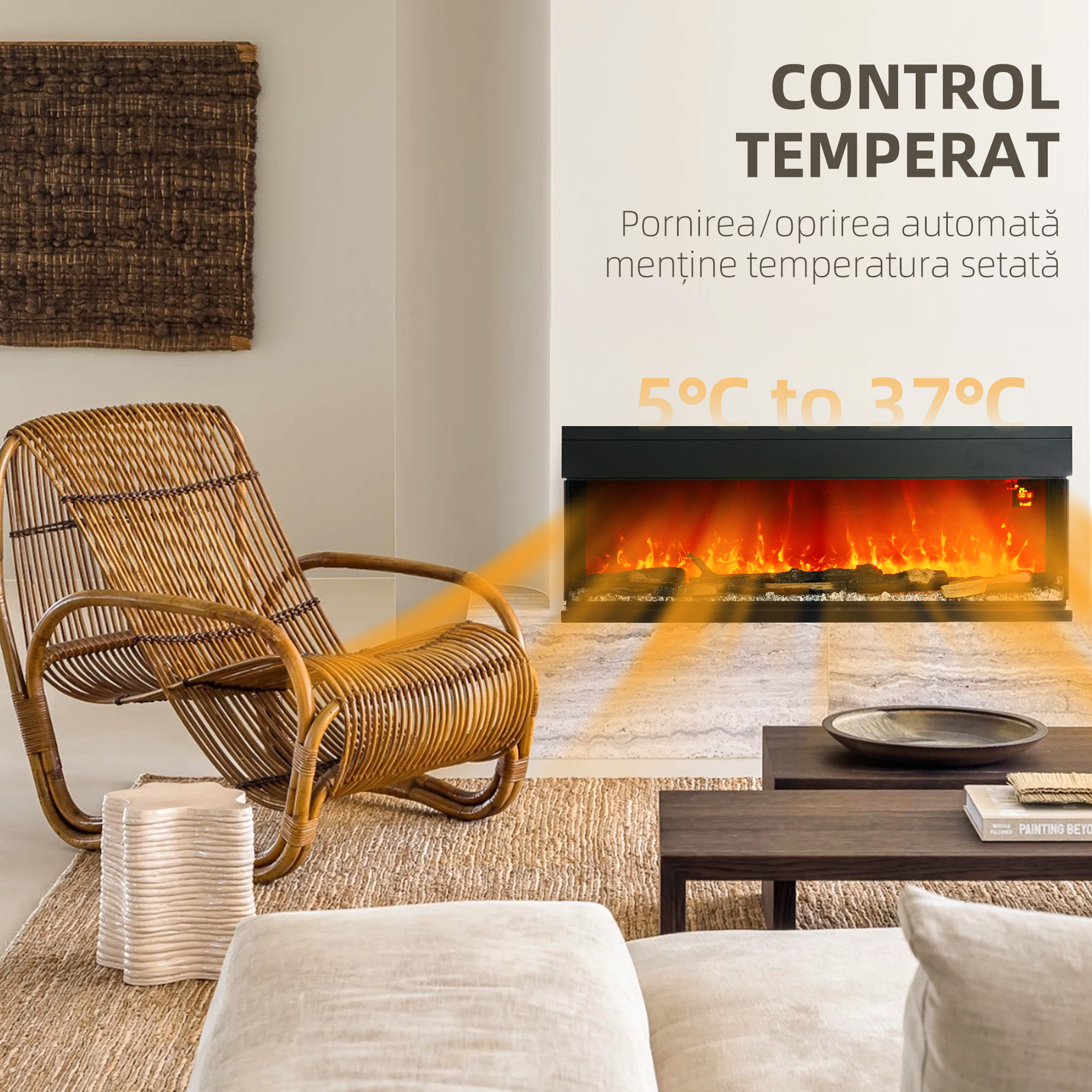  semineu Electric incorporat si de Perete 1800W cu Flacari LED Colorate Reglabile, Temperatura de pana la 40°C, Negru [5]