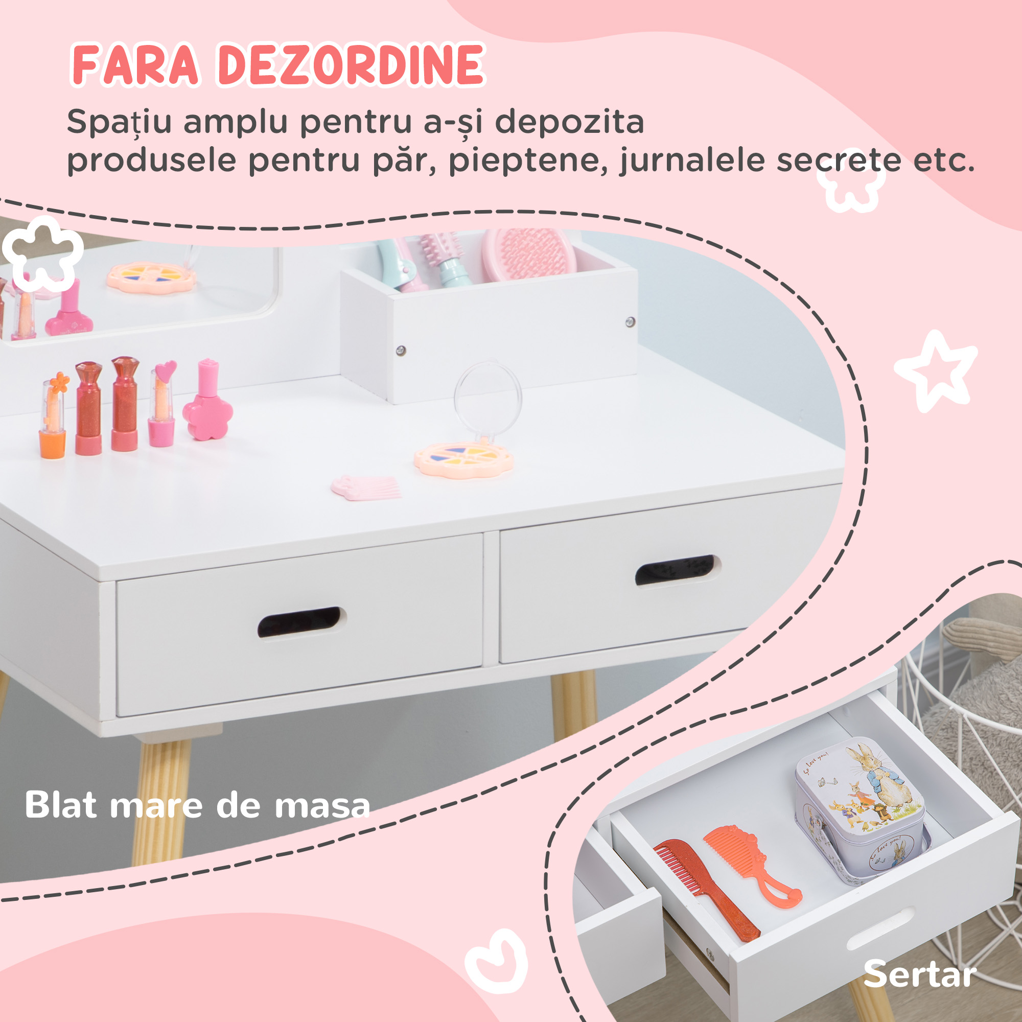  Set Toaleta pentru Copii din Lemn, Masa de Machiaj cu Oglinda, 2 Sertare si Scaunel, 60x40x95 cm, Alb [4]