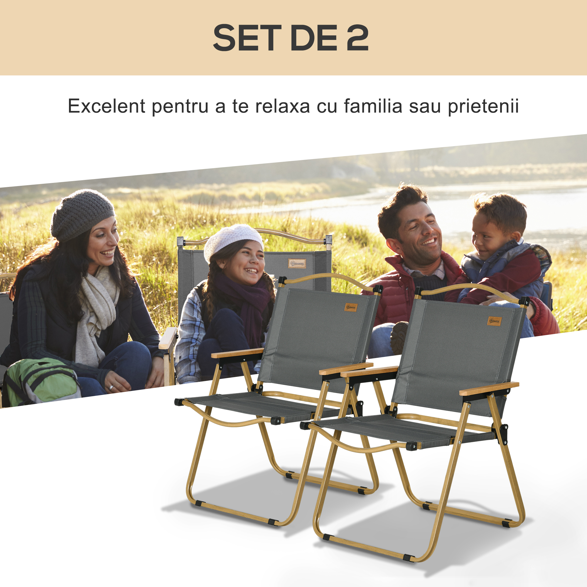  Set 2 Scaune de Camping Pliabile cu Cotiere, 54x59x78 cm, Gri inchis [3]