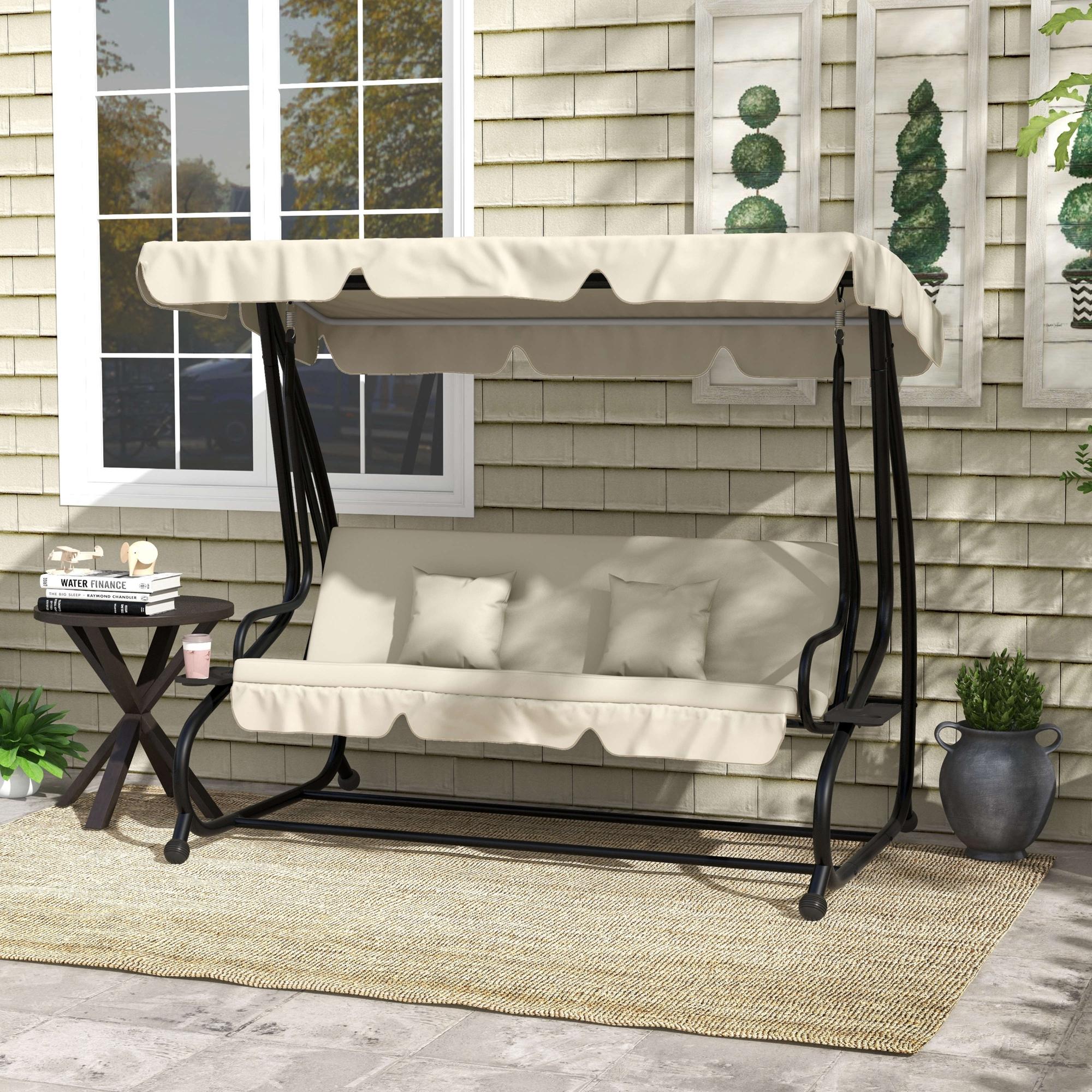  Leagan Pat de Gradina cu acoperis reglabil si tavi, din otel si Teslin, 200x120x164 cm, crem [1]