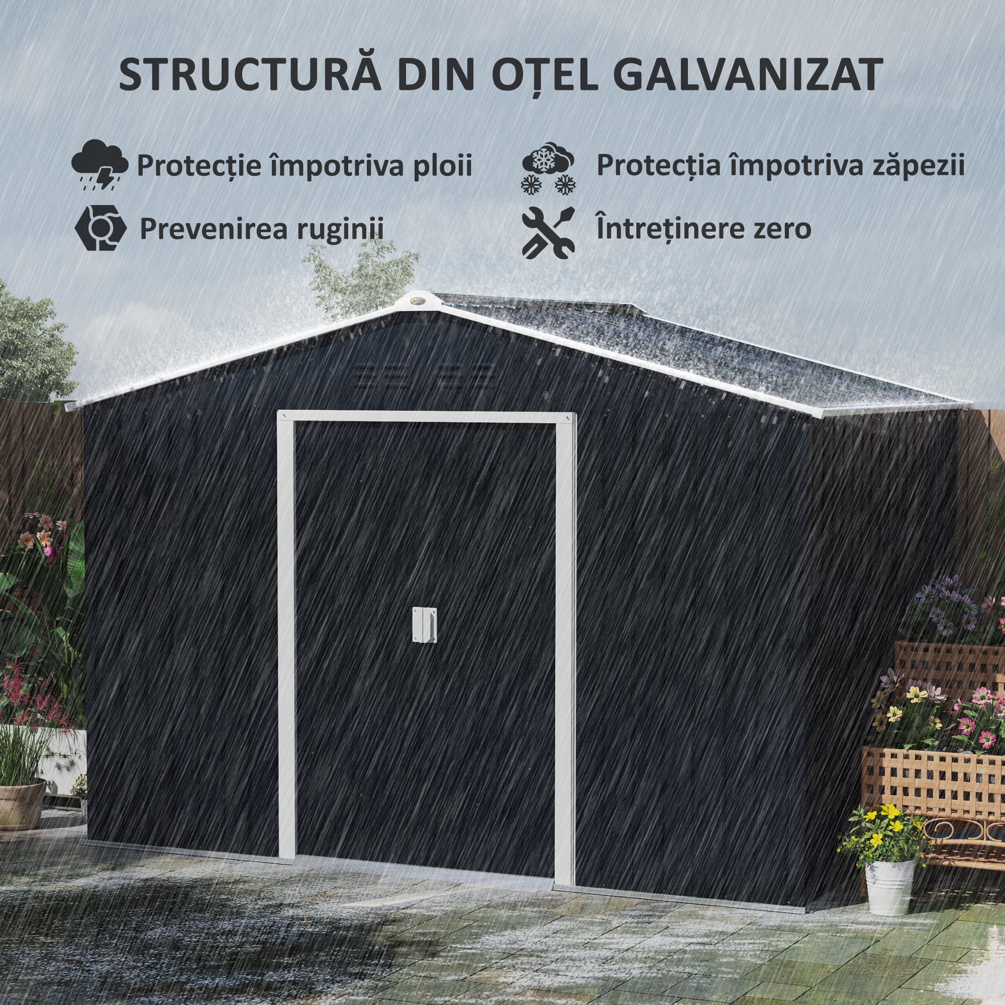  Casuta pentru Unelte din Otel cu Acoperis inclinat si 2 Usi Glisante, 277x195x192 cm, Gri inchis [4]