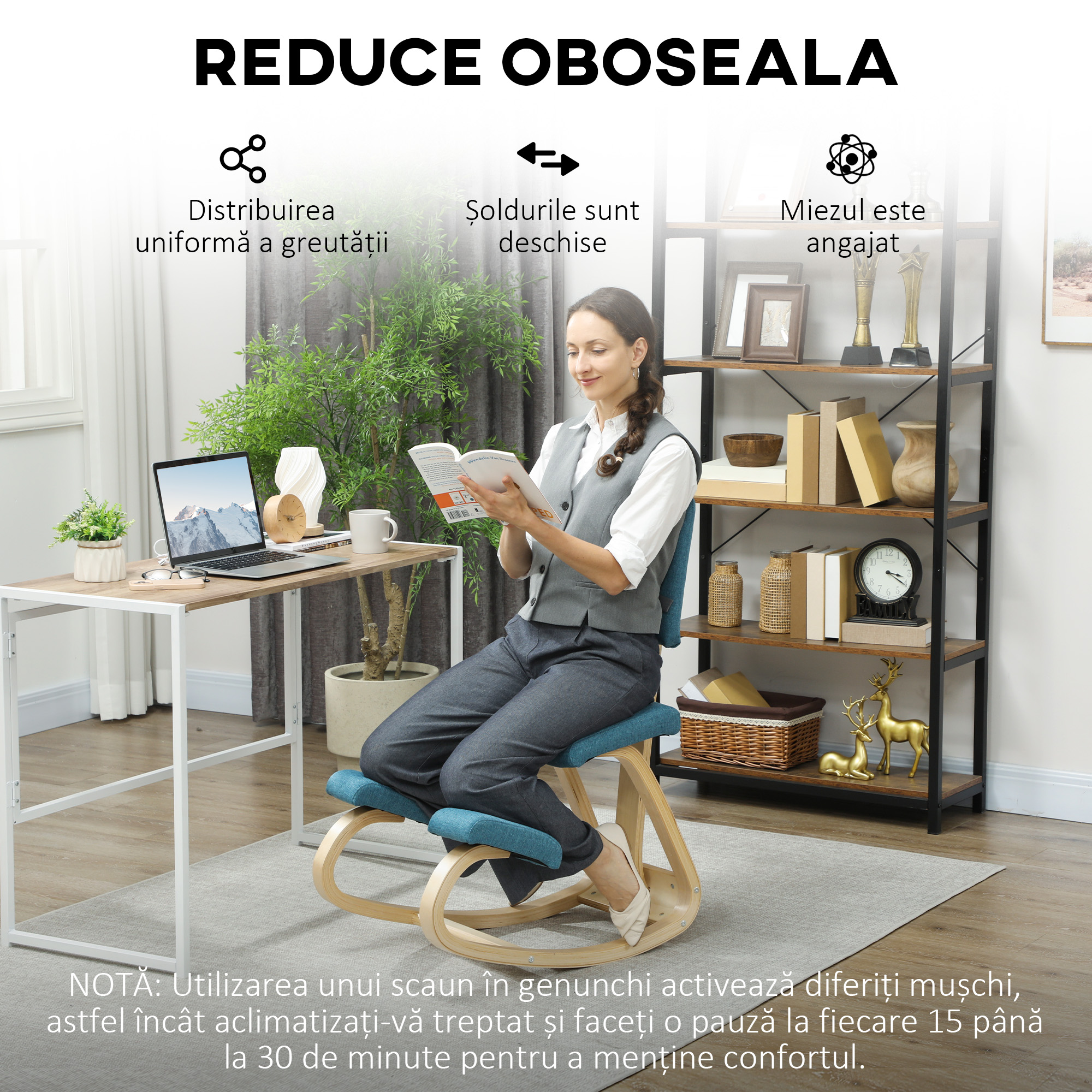  Sedia Inginocchiatoio Dondolante in Tessuto Effetto Lino e Legno di Betulla, 51x84x93 cm, Marrone Scuro [5]