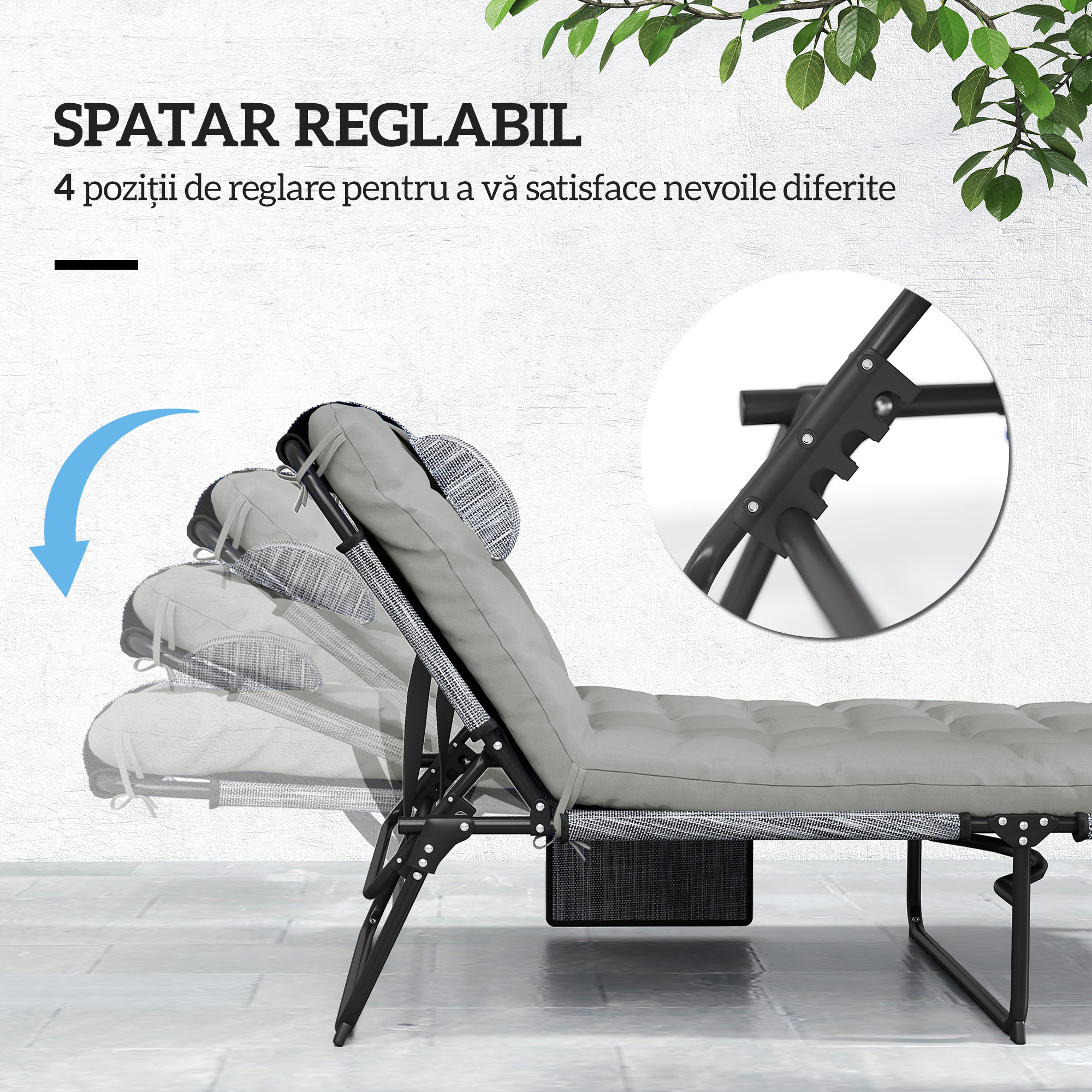  sezlong pliabil si reglabil pentru gradina, cu buzunar lateral, 68x189x30 cm, negru si gri [3]