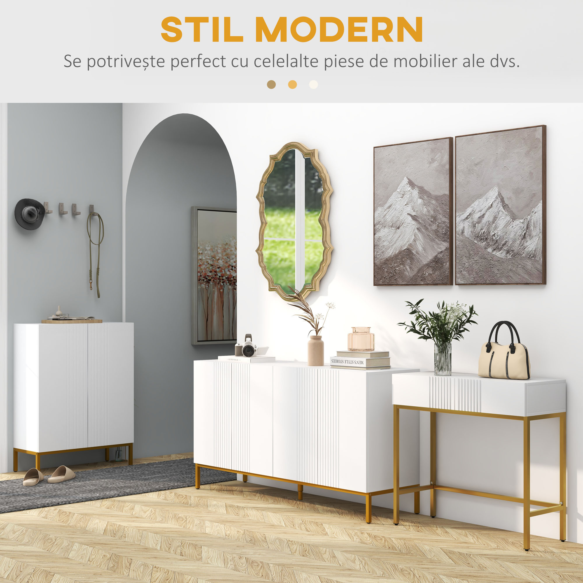  Masa Consola cu 2 Sertare, Masa Moderna de Intrare cu Baza din Otel in Ton Auriu, 80x31.5x75 cm, Alb [4]