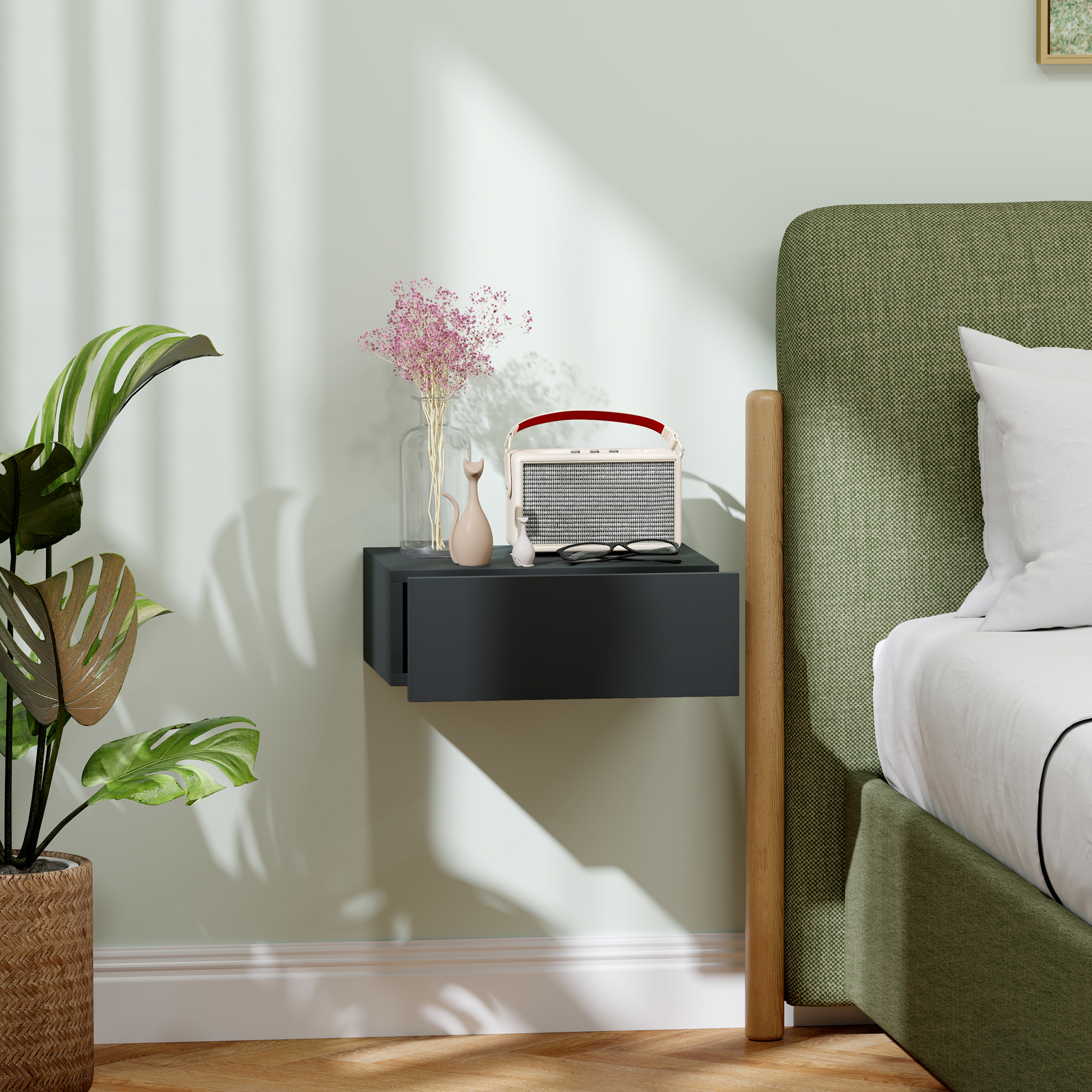  Noptiera Suspendata Moderna cu Sertar, din Lemn, 40x30x15 cm, Negru [1]