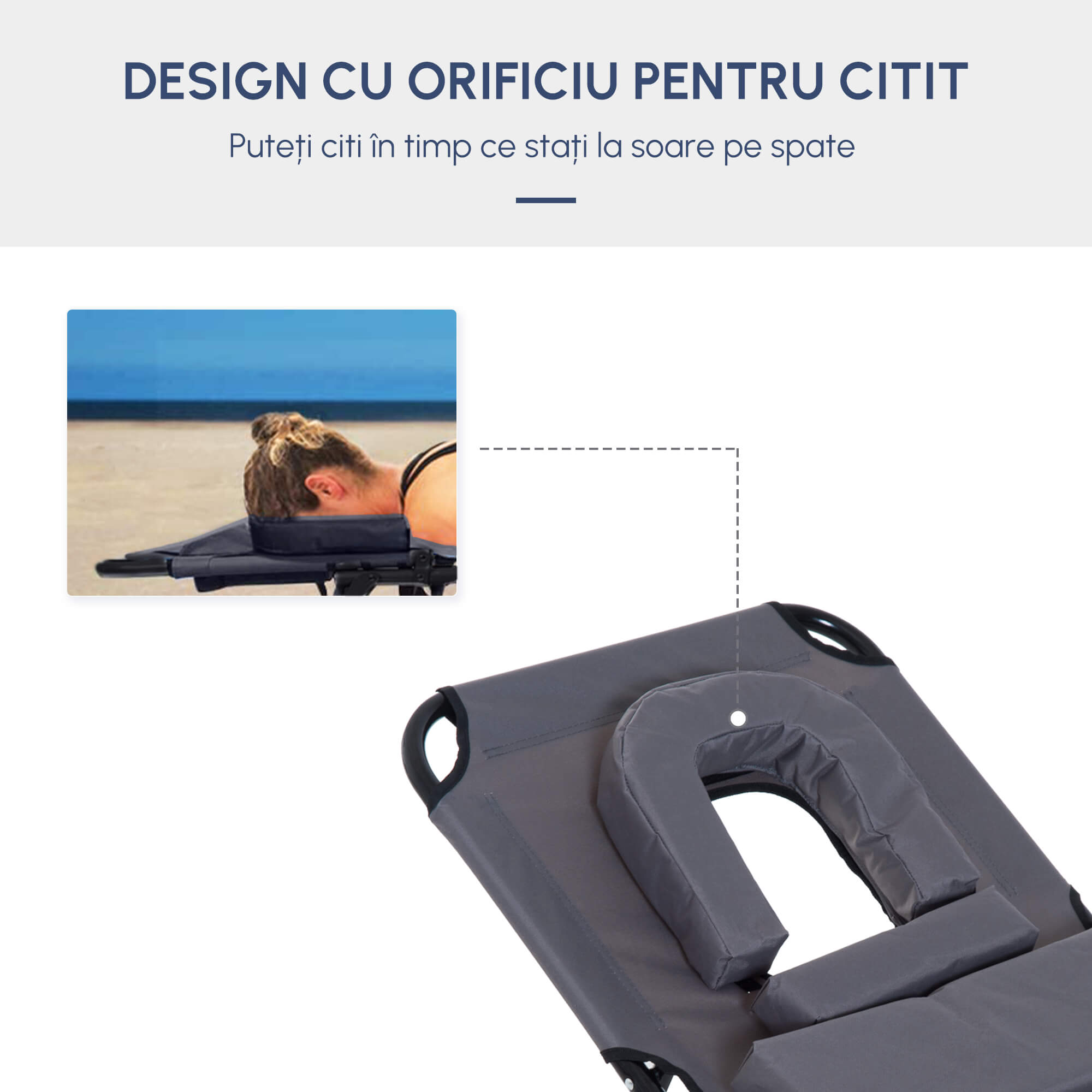  Sezlong Relax Pliabil pentru plaja cu pernuta si deschidere pentru fata in tesatura Oxford, Gri [8]