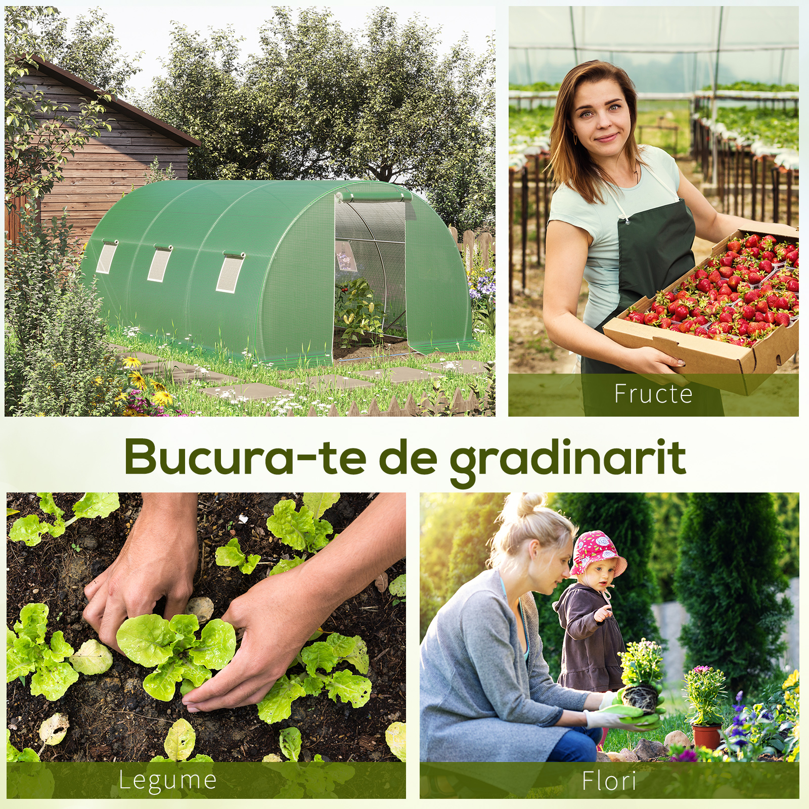  Sera Tunel de Exterior cu Copertina din PE, Usa cu Fermoar si 6 Ferestre, Verde [7]