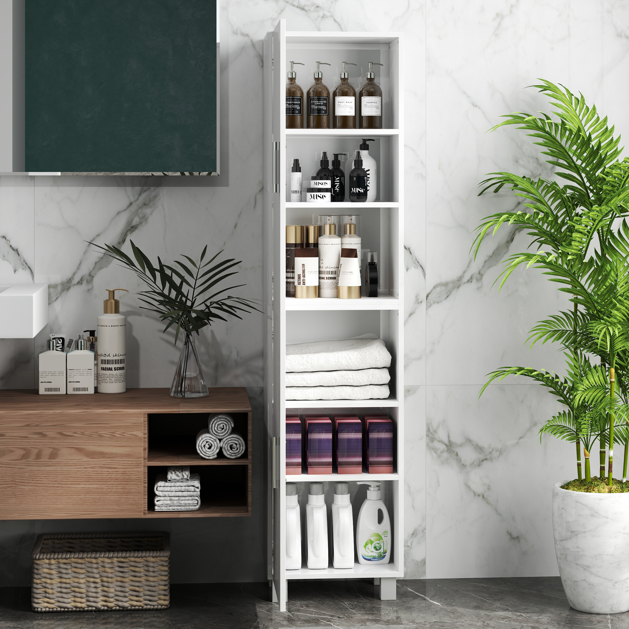  Dulap de Baie Modern, Dulap inalt de Baie cu Doua Usi si Rafturi Reglabile din Lemn, 40x30x167,5 cm, Alb Lucios [5]