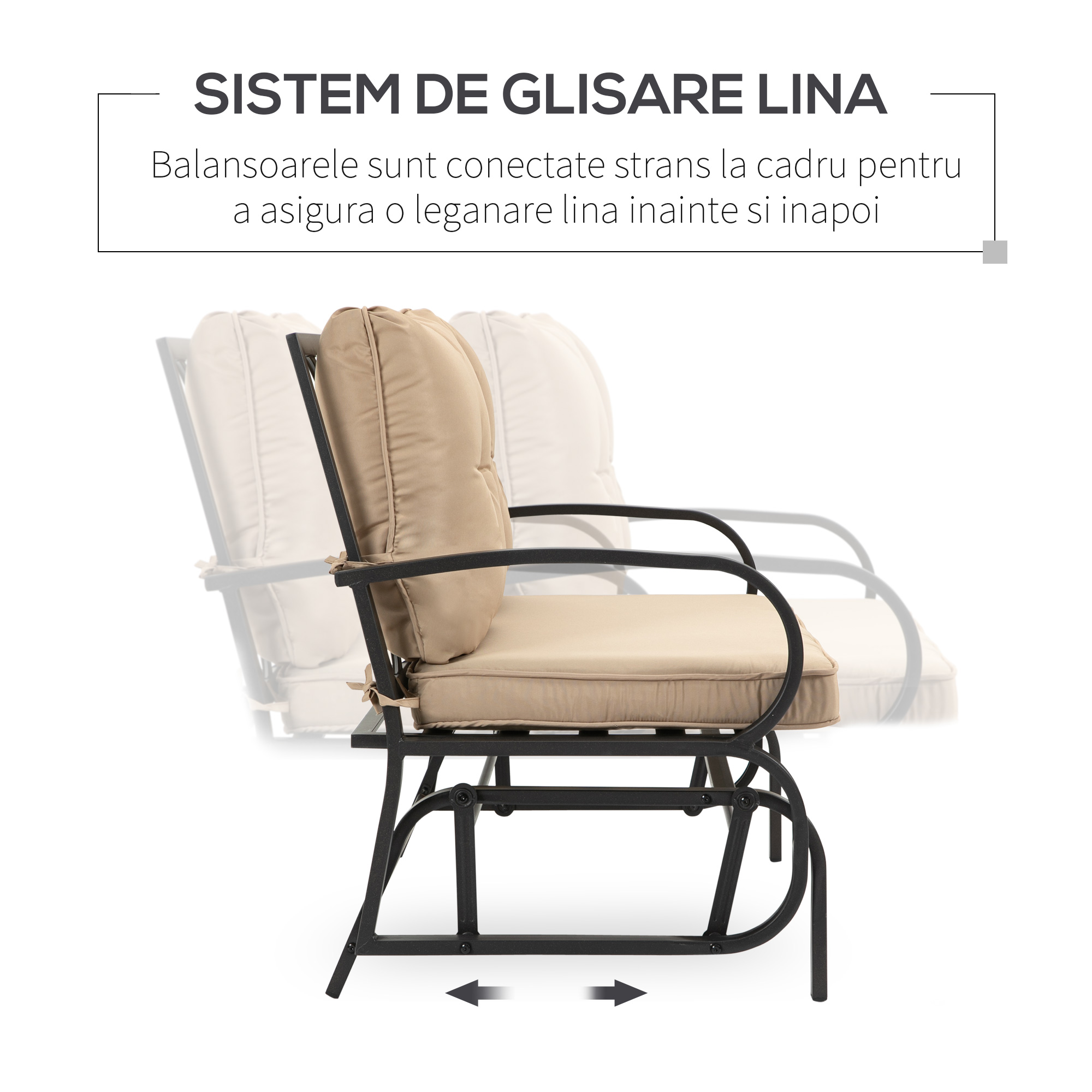  Balansoar de Gradina pentru 2 Persoane cu Perne Capitonate pentru Sezut cu Spatar, 122x70x87cm, Kaki [3]