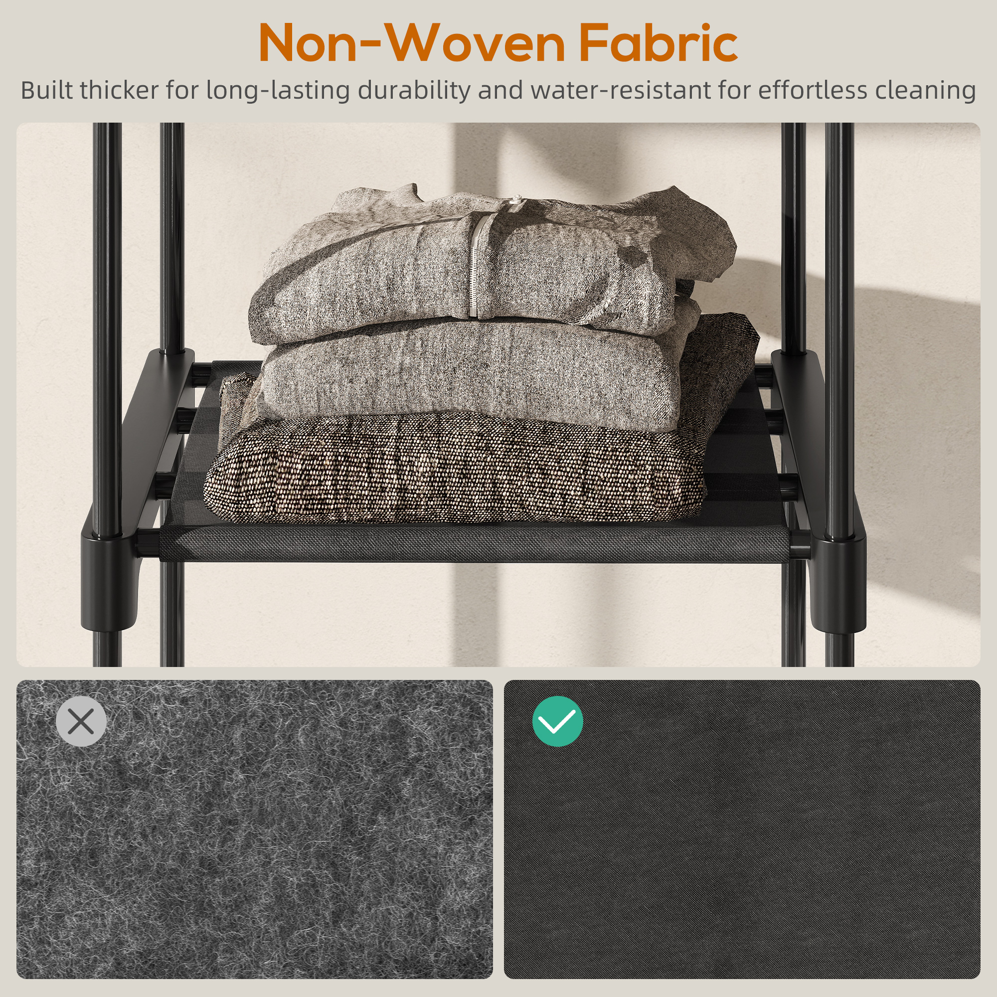  Dulap Garderoba din Material Textil cu 8 Rafturi si 3 Bare pentru Umerase, 182x43x185 cm, Negru [5]