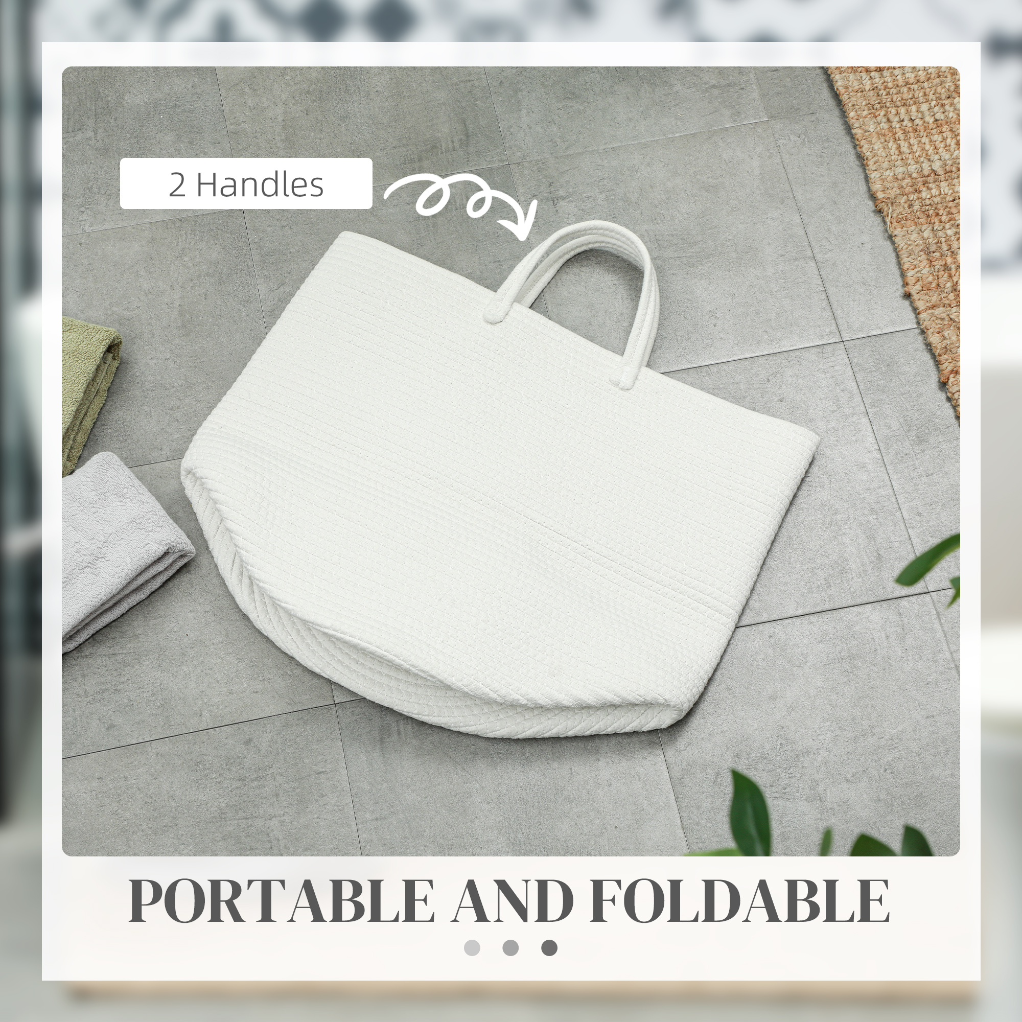  Cos pentru rufe de 36L, portabil si pliabil cu manere din bumbac natural, Ø38x45 cm, crem [5]