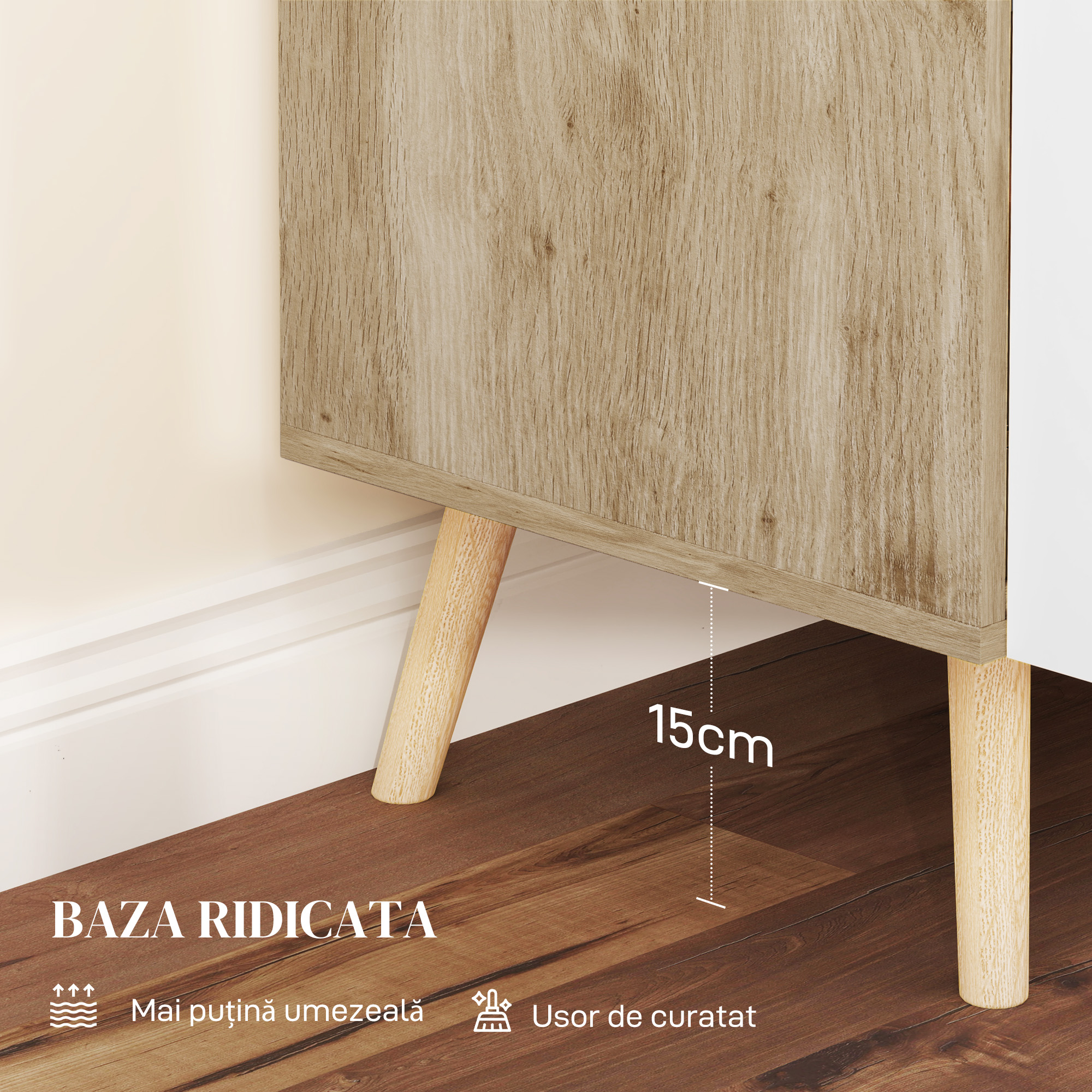  Comoda Moderna cu Raft Reglabil pe 3 Niveluri din Lemn, Alb si Stejar [4]