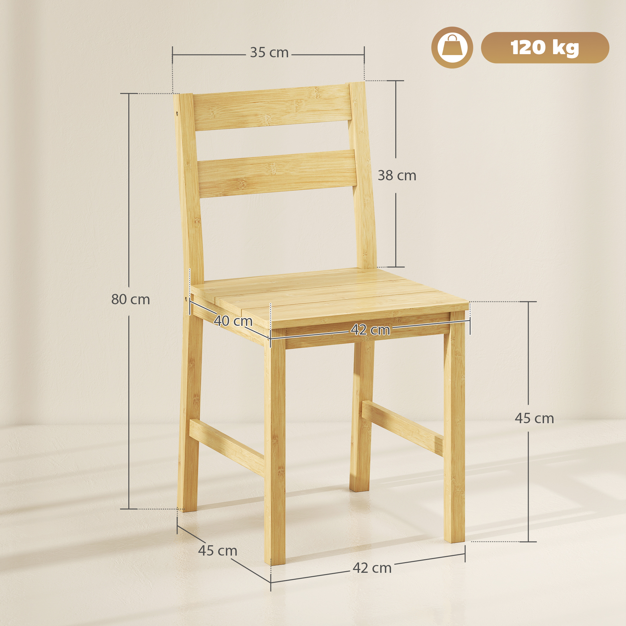  Set de 2 Scaune de Masa din Bambus, Scaune de Bucatarie cu Spatar Curbat, sezut cu Lamele, Scaun pentru Bucatarie, Dormitor, Living, Culoare Naturala [2]