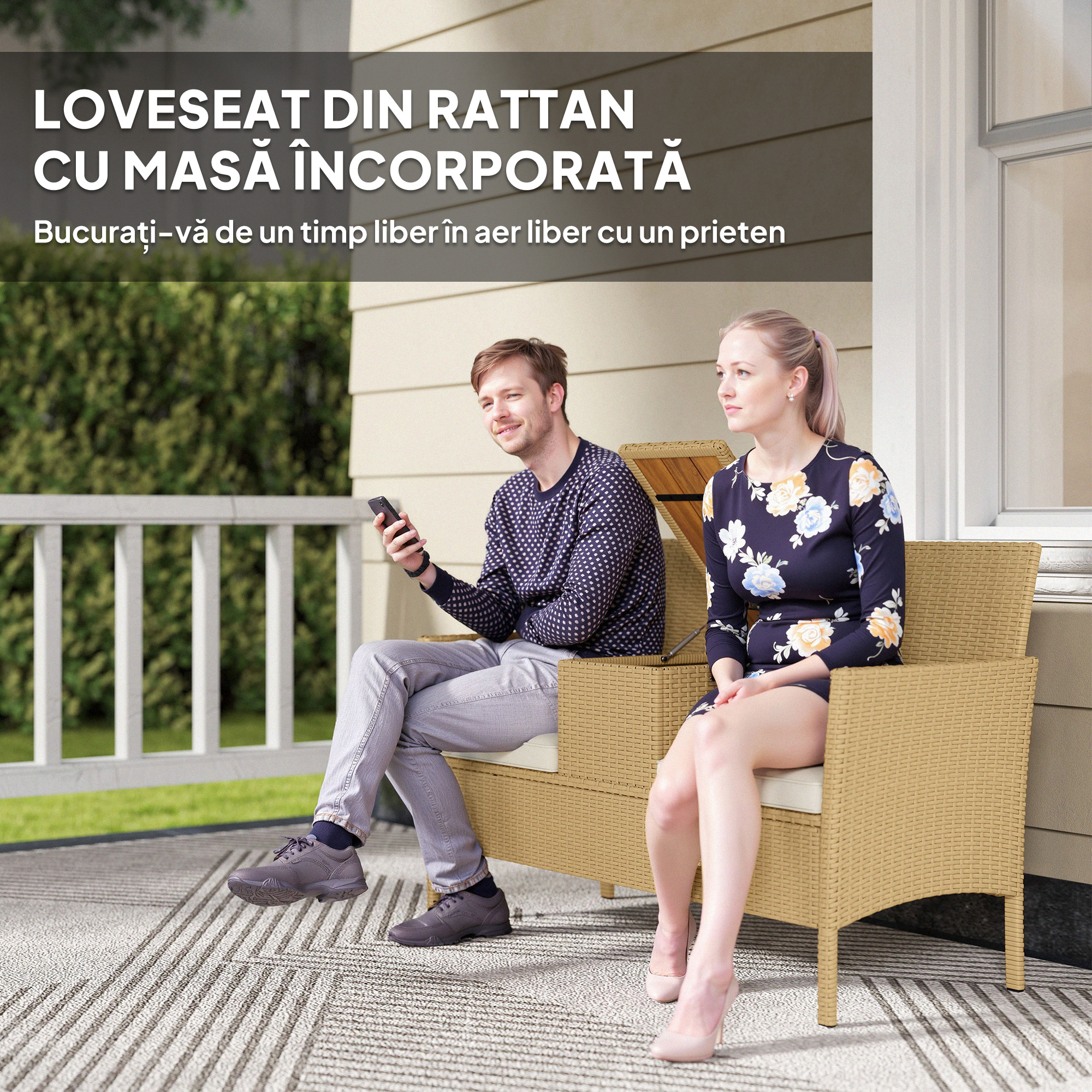  Banca de Exterior cu Masuta Rabatabila si Spatiu Depozitare Crem si Kaki [3]