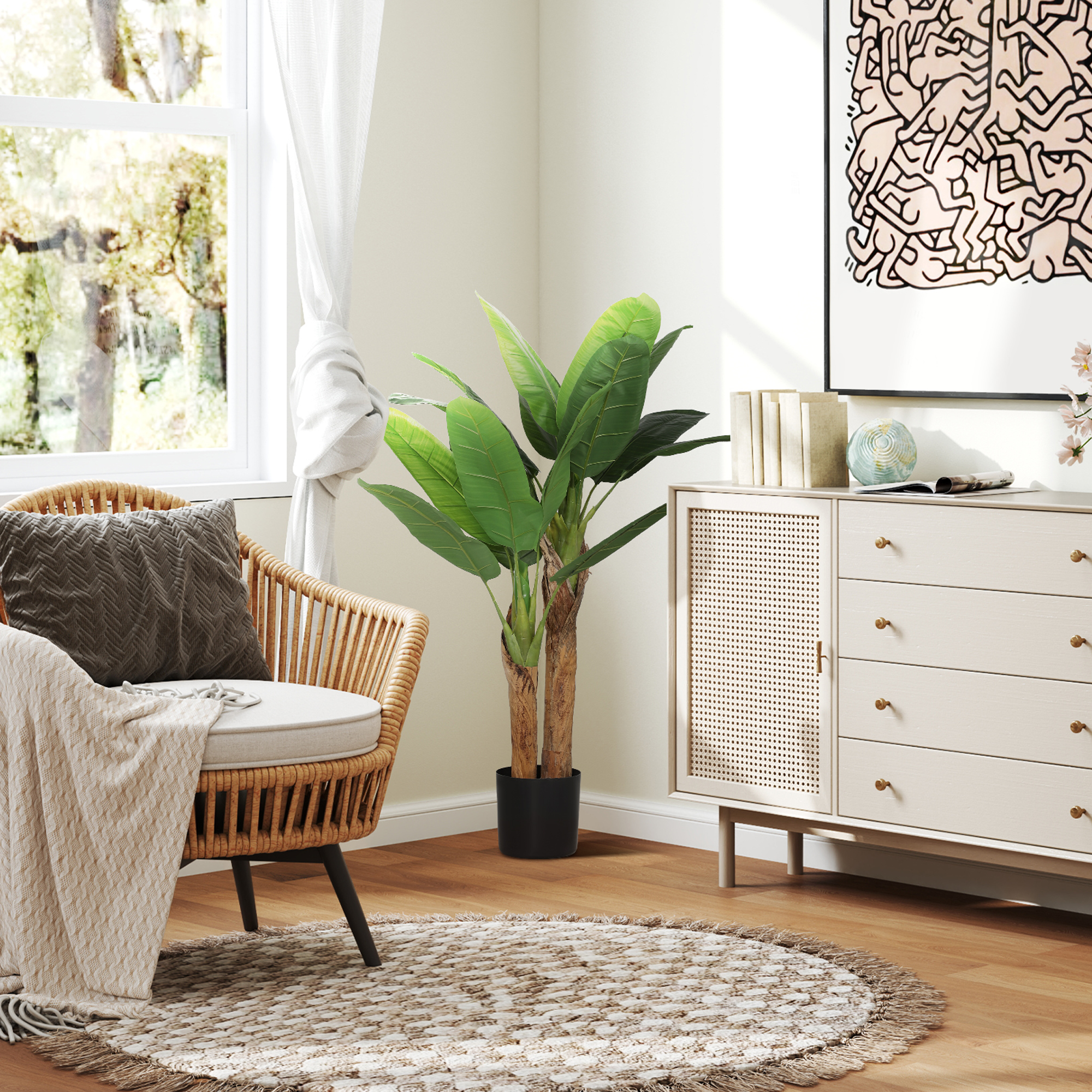  Planta artificiala de bananier, inaltime 120 cm, cu ghiveci inclus pentru interior, verde [7]