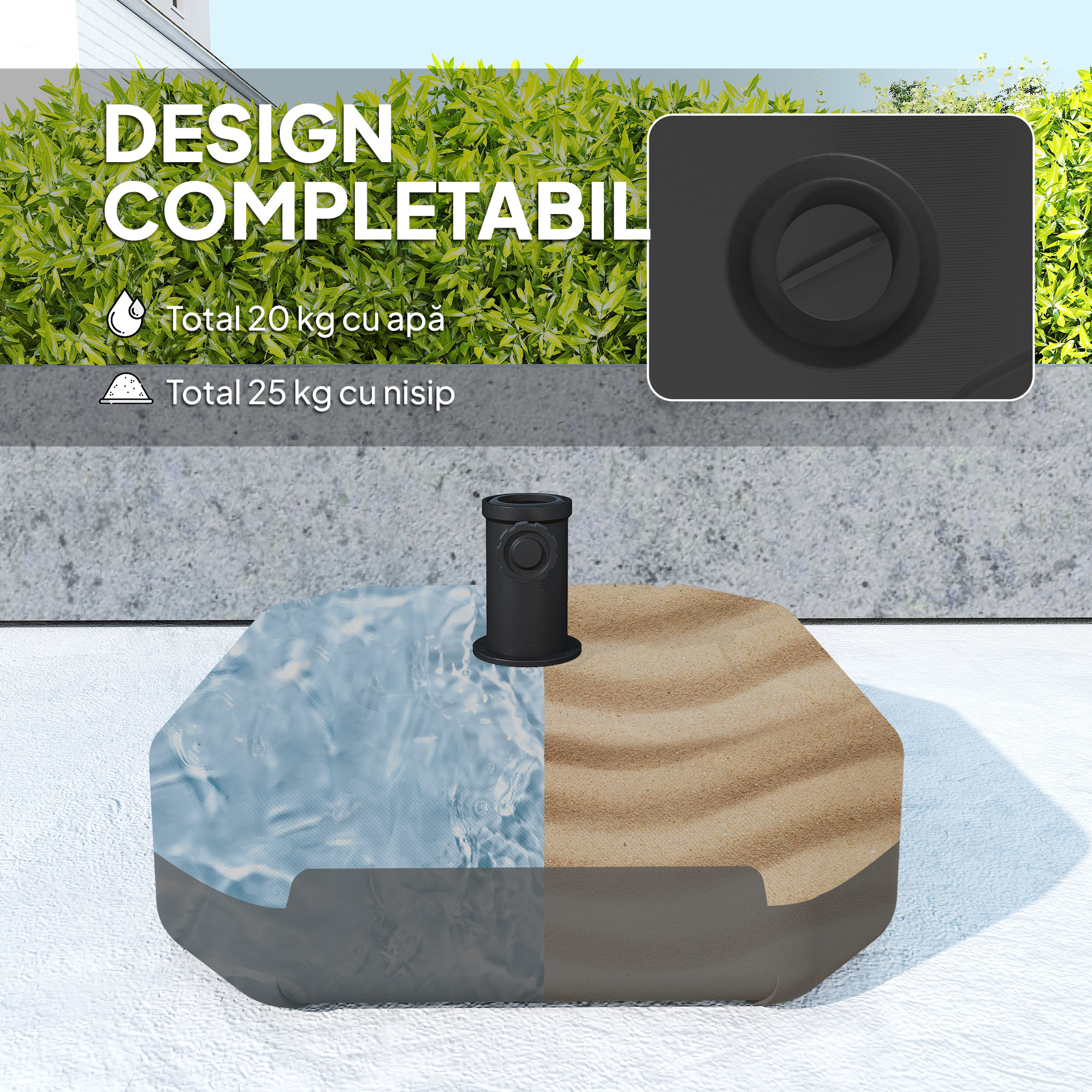  Baza Patrata pentru Umbrela, Suport Greu pentru Umbrele de Exterior, Umplibil cu Nisip pana la 25kg sau cu Apa pana la 20kg, pentru Gradina, Piscina, Negru [3]