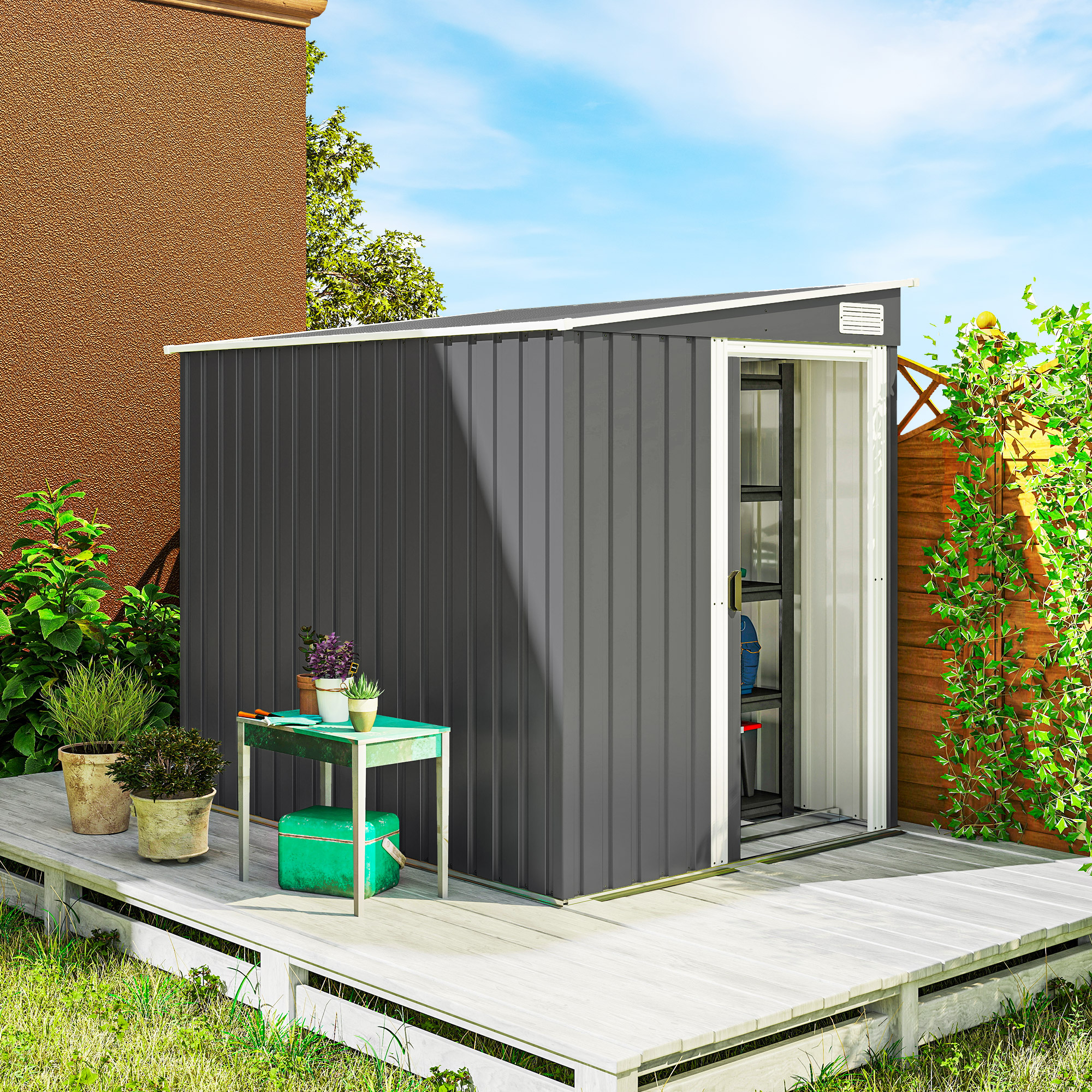  Magazie pentru Unelte din Metal 1.5x2m cu Fundatie, Usa Glisanta si Acoperis inclinat, Gri inchis [1]