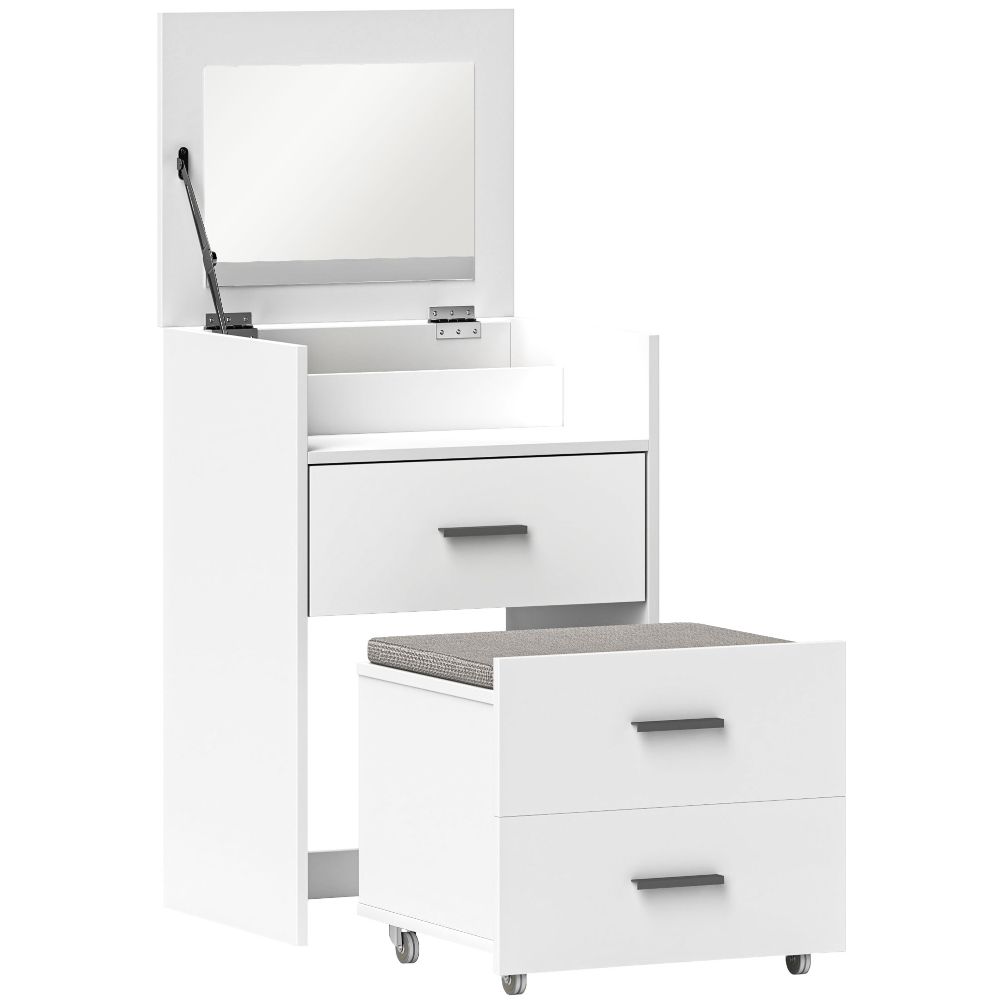 Dormitor & birou -  Masa de Machiaj din Lemn cu Oglinda Rabatabila, 2 Sertare si Taburet, 50x40x113,5 cm, Alb