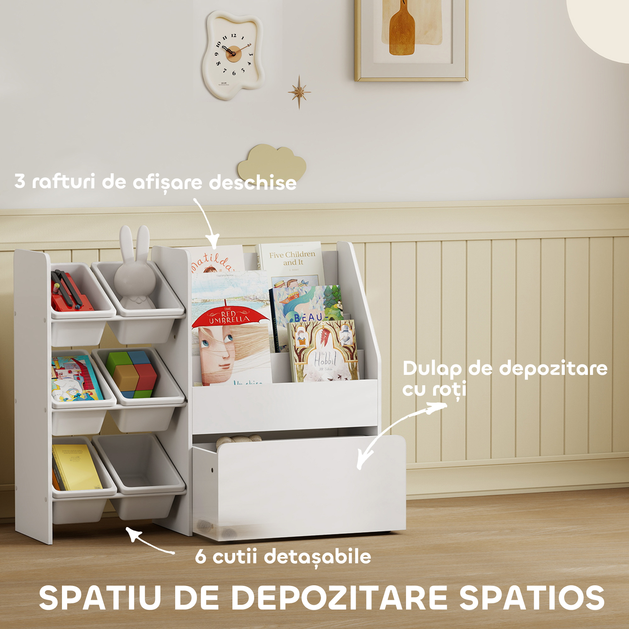  Raft pentru jucarii cu 6 cosuri, 3 rafturi, din lemn, plastic si otel, 100x30x80 cm, alb [3]