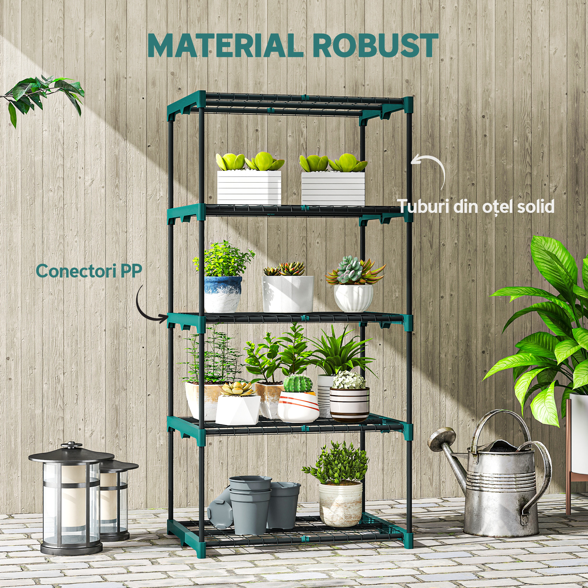  Suport pentru Plante Vertical cu 5 Nivele din Otel si Plastic, Suport Ghivece Interior si Exterior Gradina Balcon, 67x49x138 cm, Verde inchis [5]