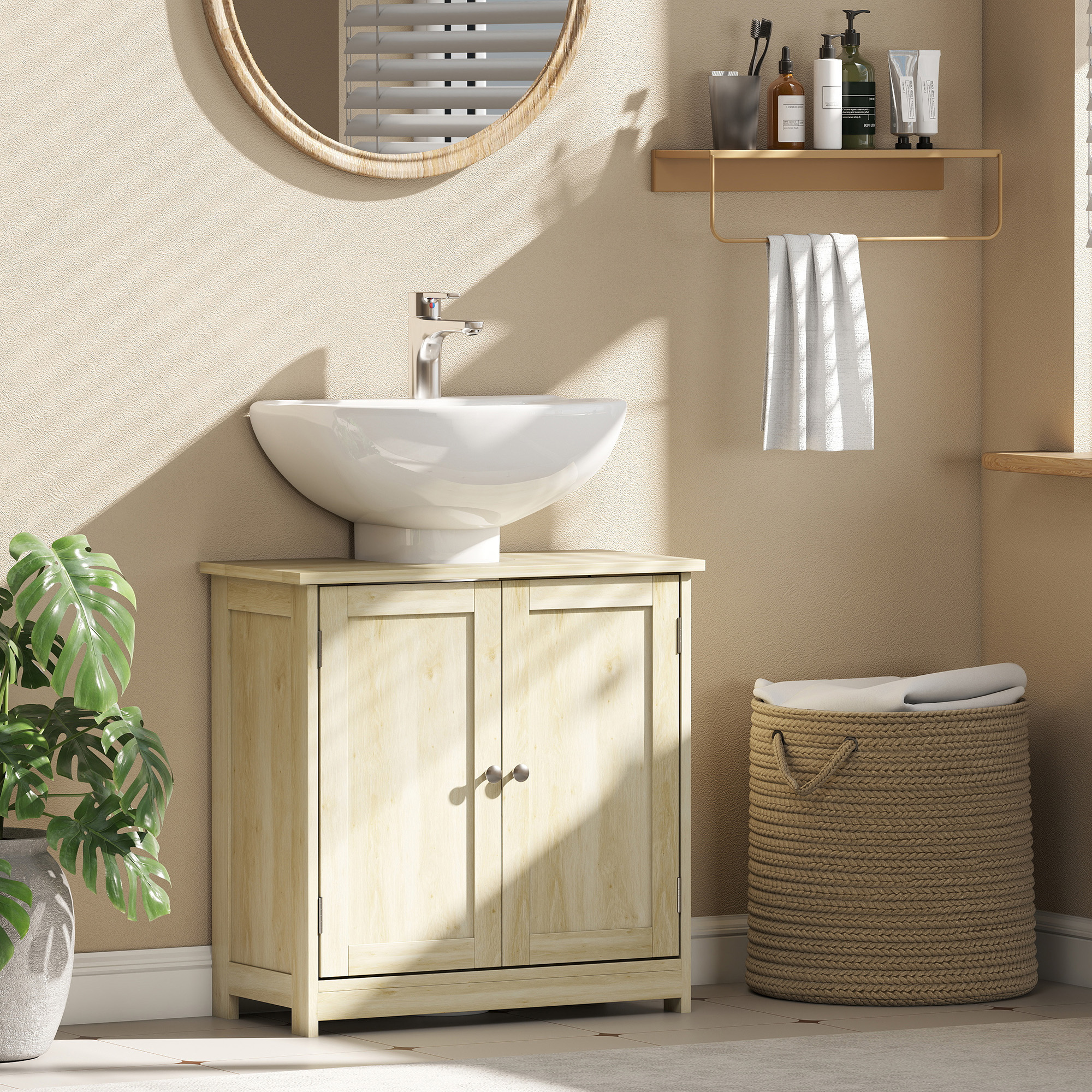  Dulap Sub Chiuveta cu 2 Usi si Raft Reglabil, Dulap de Baie Spatios cu Decupaj in Forma de U, 60x30x60 cm, Alb [1]