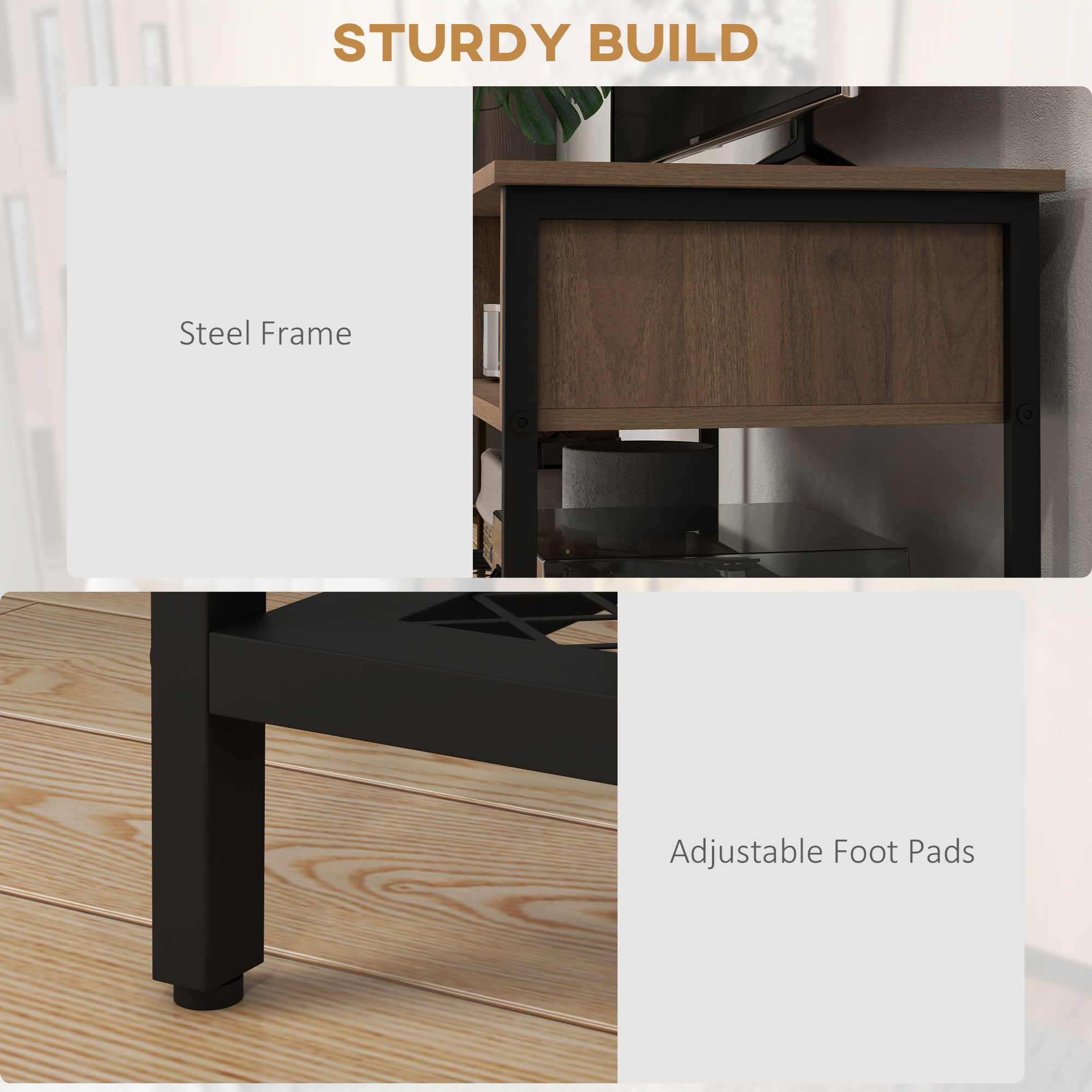  Dulap SuportTV pana la 48" in Stil Industrial, Mobiler Jos cu Rafturi din Lemn si Otel, 110x40x48cm, Maro si Negru [6]