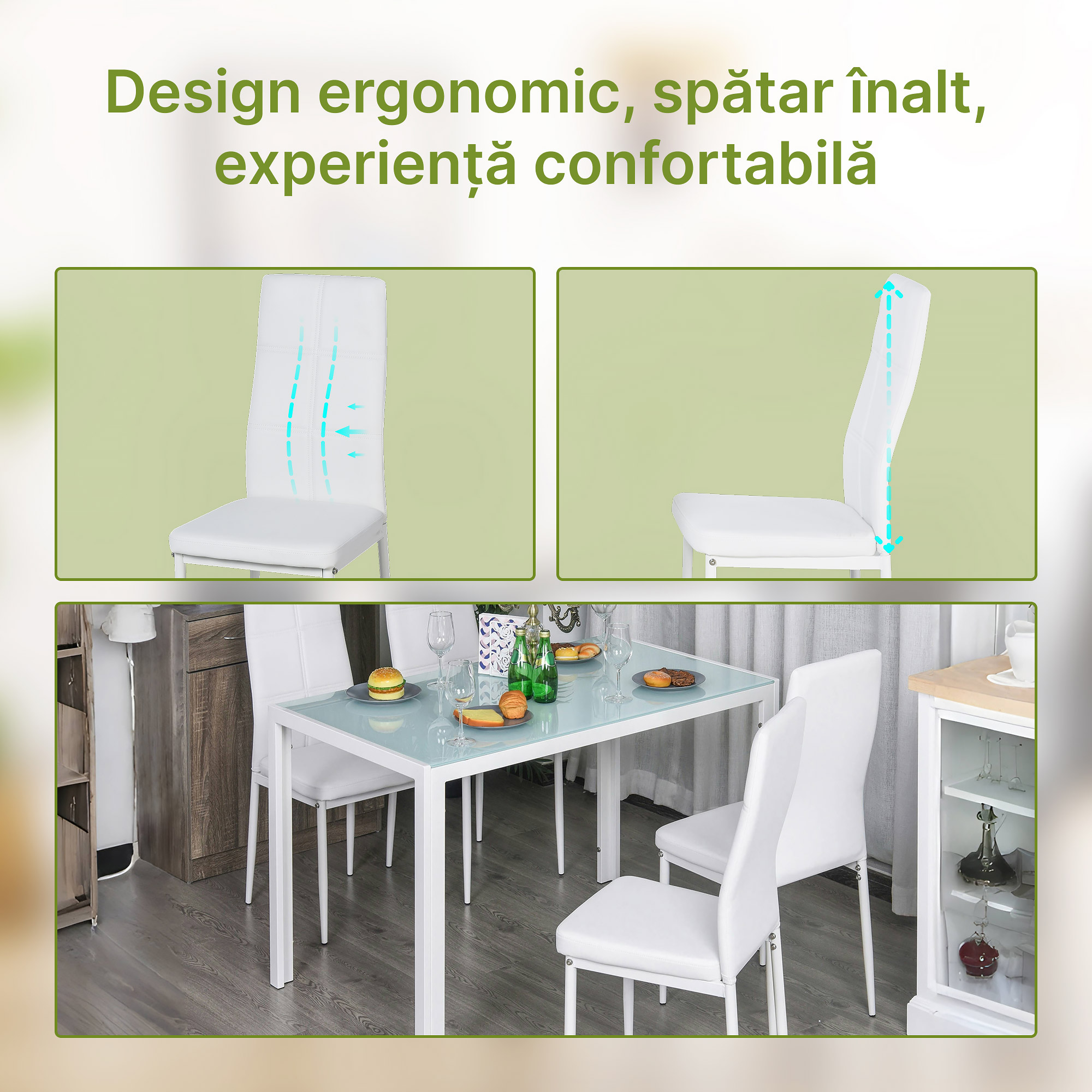  Set Dining Alb Modern - Masa + 4 Scaune Tapitate pentru 4 Persoane [3]