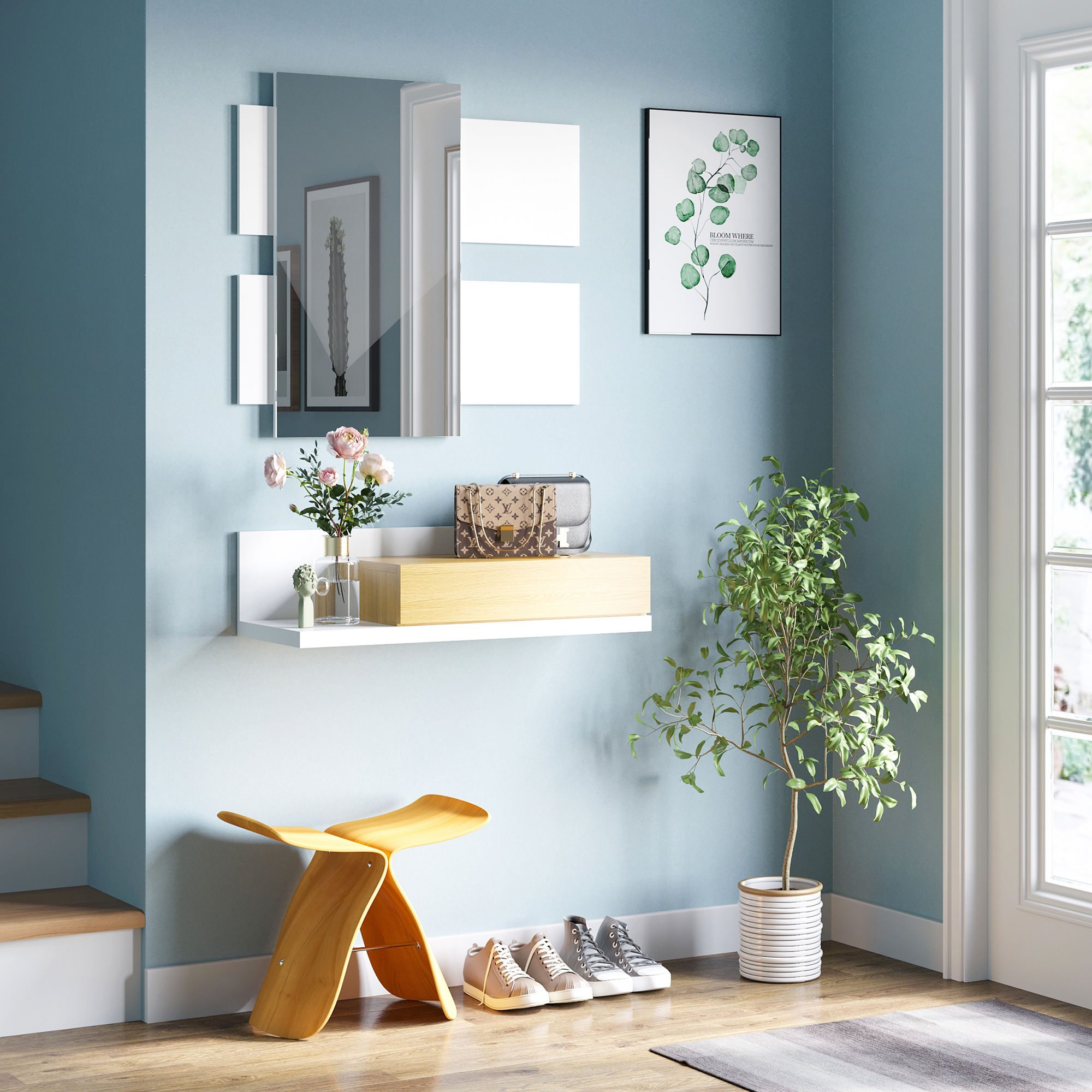  Set mobilier pentru hol cu oglinda si sertar, mobilier modern din lemn cu oglinda 40x70cm, fixare pe perete [1]