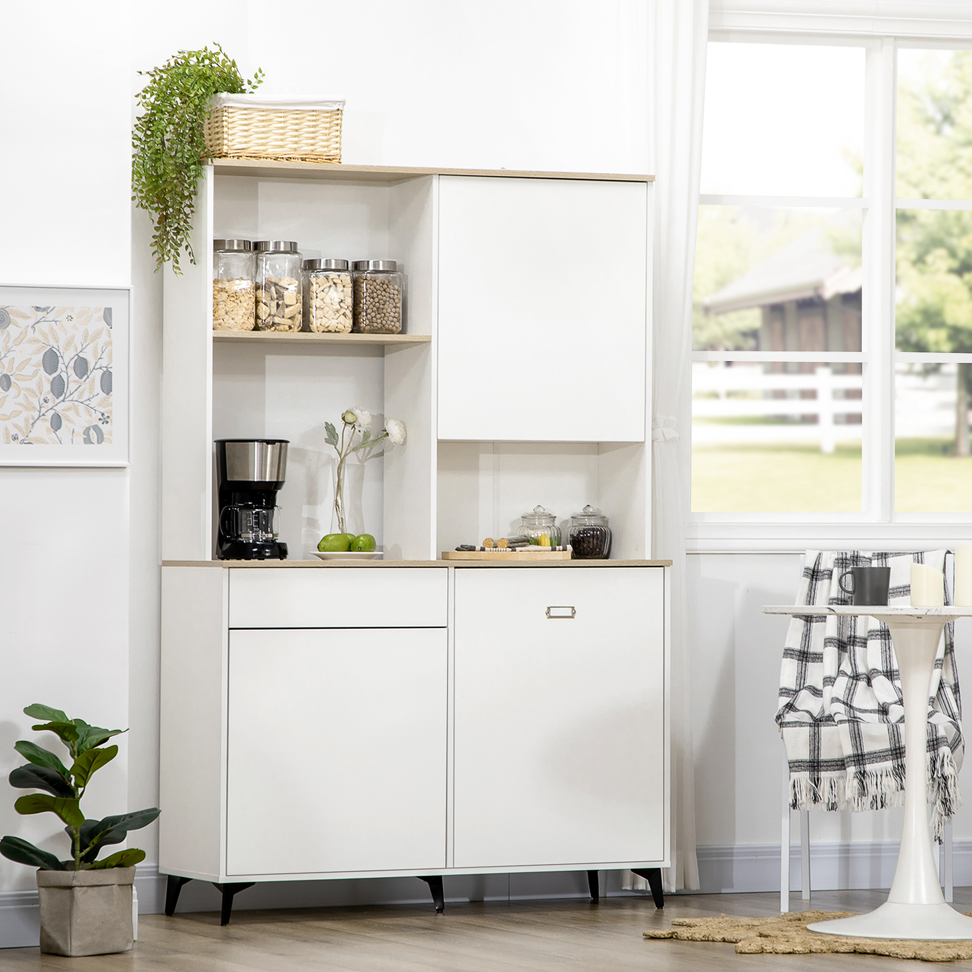  Dulap de bucatarie independent, dulap de depozitare modern, dulap pentru microunde cu usi si rafturi reglabile, 180 cm, alb [1]