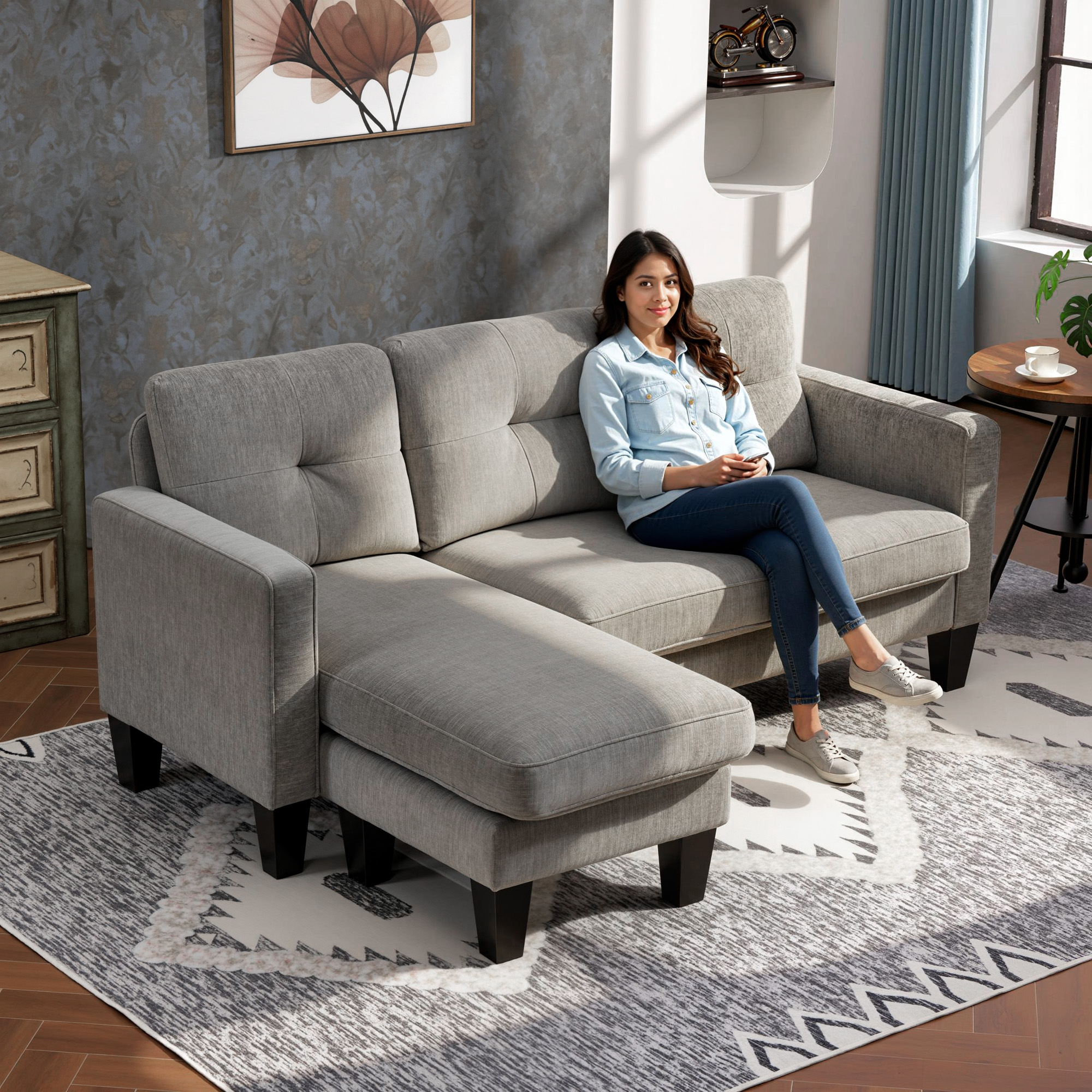  Canapea Coltar cu sezlong Reversibil, Perna pentru sezut si Spatar si 3 Locuri, 186x130x84 cm, Maro [1]