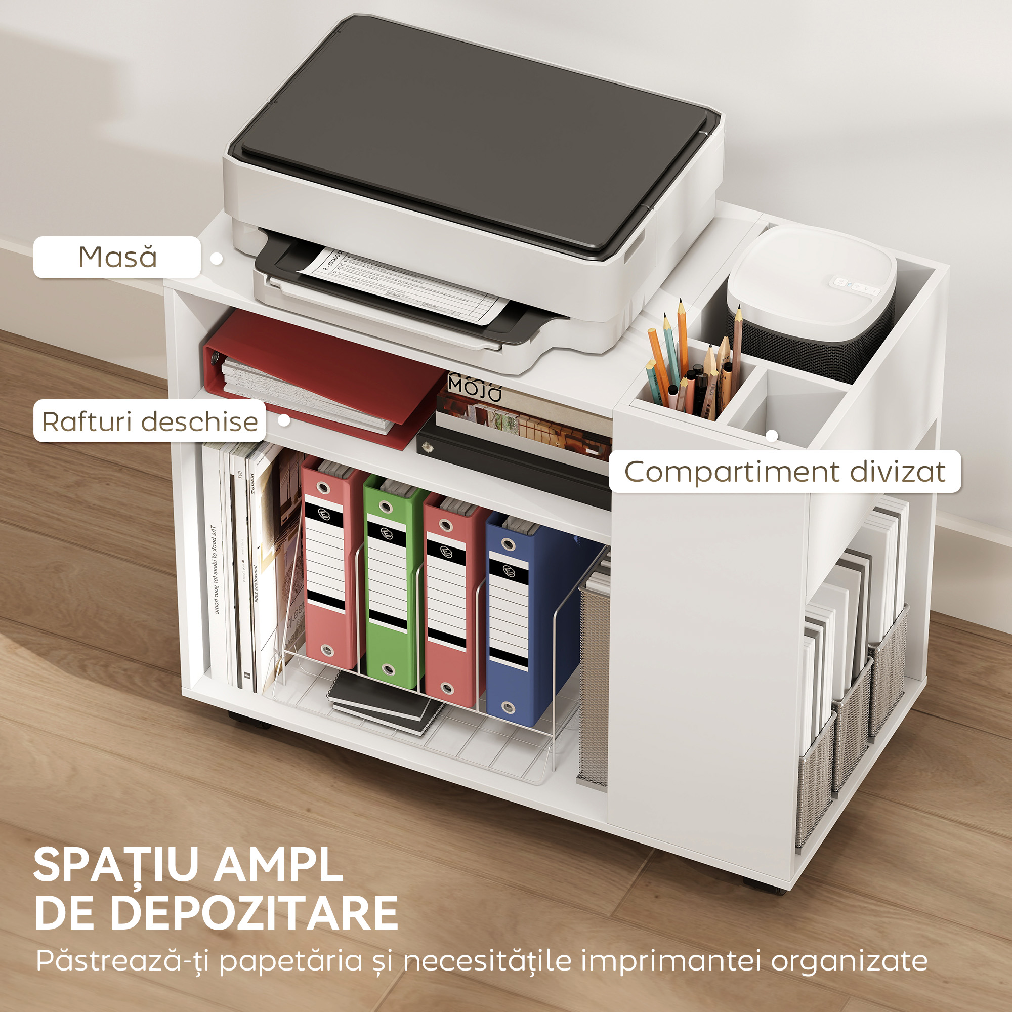  Dulap pentru Imprimanta cu Roti, Dulap Multifunctional cu Compartimente Deschise, Raft si Spatiu de Depozitare, Noptiera pentru Living, Camera sau Birou, 70x36x60 cm, Alb [3]