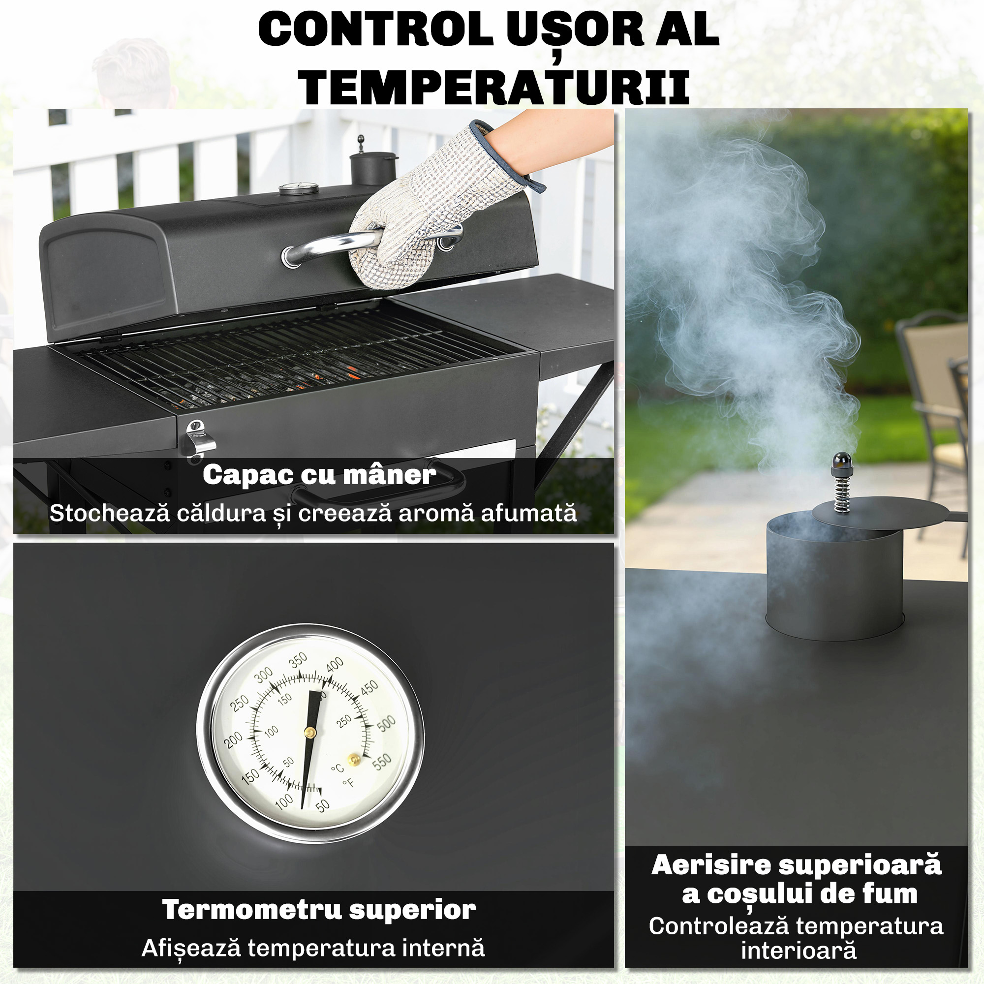  Gratar cu Carbuni, cu 2 Rafturi Laterale, Termometru, Capac si Roti, 110x46.5x101 cm, Negru [4]