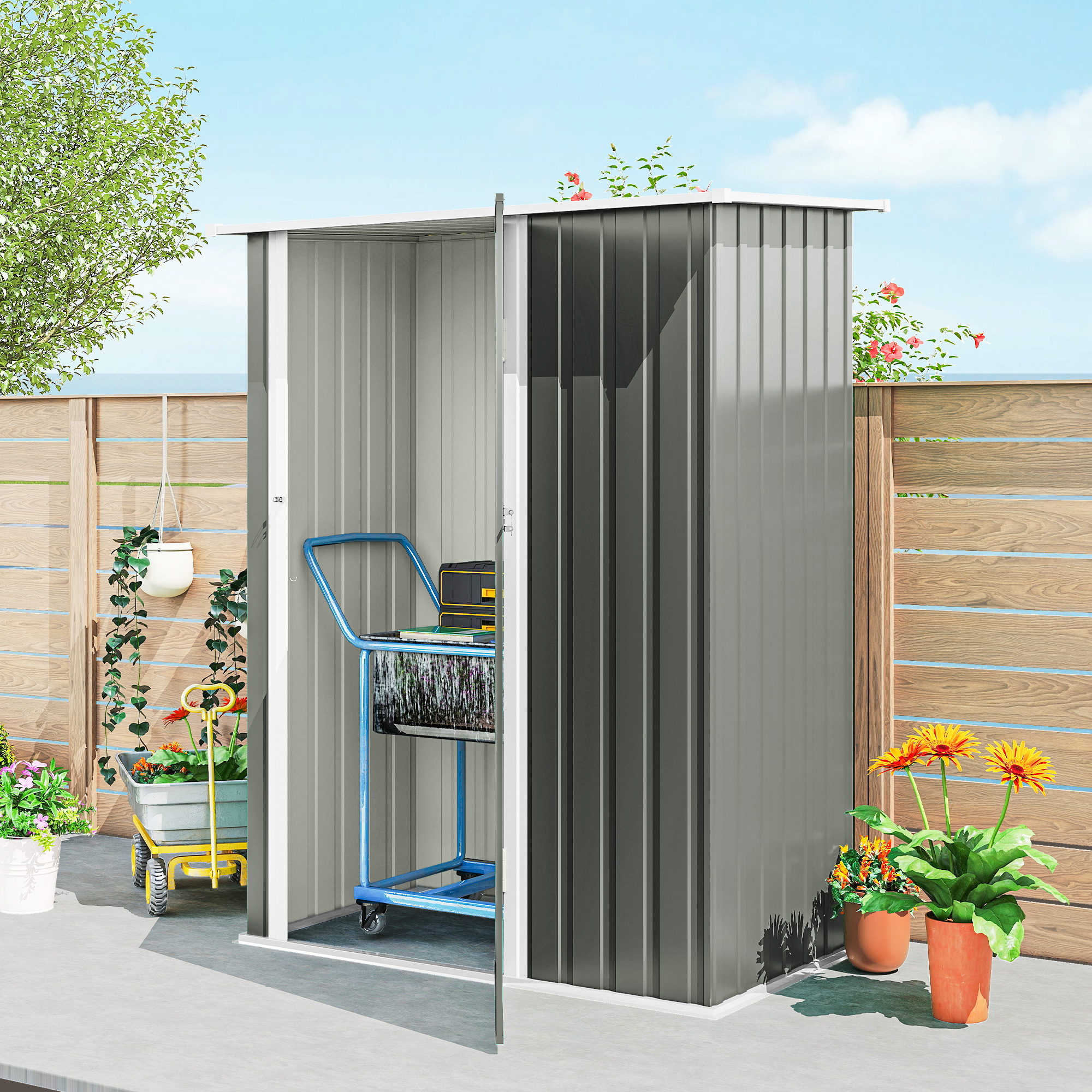  Casuta de Gradina 1.07m² din Otel Galvanizat, Casuta pentru Depozitare cu Usa Blocabila, Acoperis inclinat, 142x86x189 cm, Gri Deschis [8]