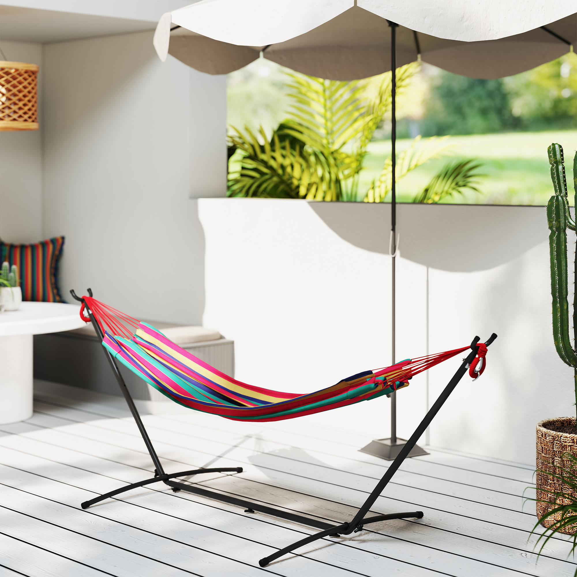  Hamac cu Suport 310x117cm pentru Camping cu inaltime Reglabila si Geanta de Transport, Capacitate 120 kg, Dungi Portocaliu si Rosu [7]