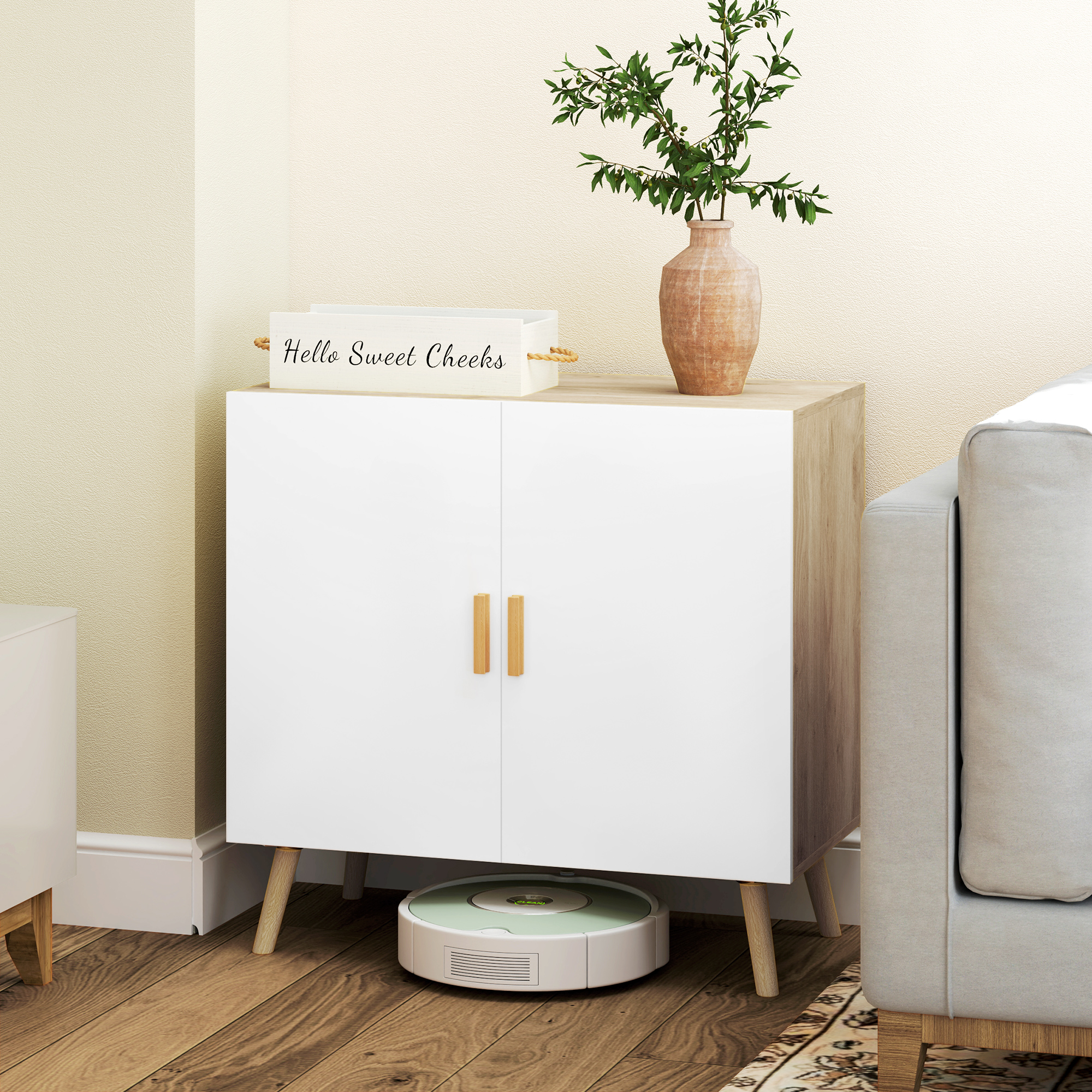  Comoda Moderna cu Raft Reglabil pe 3 Niveluri din Lemn, Alb si Stejar [1]