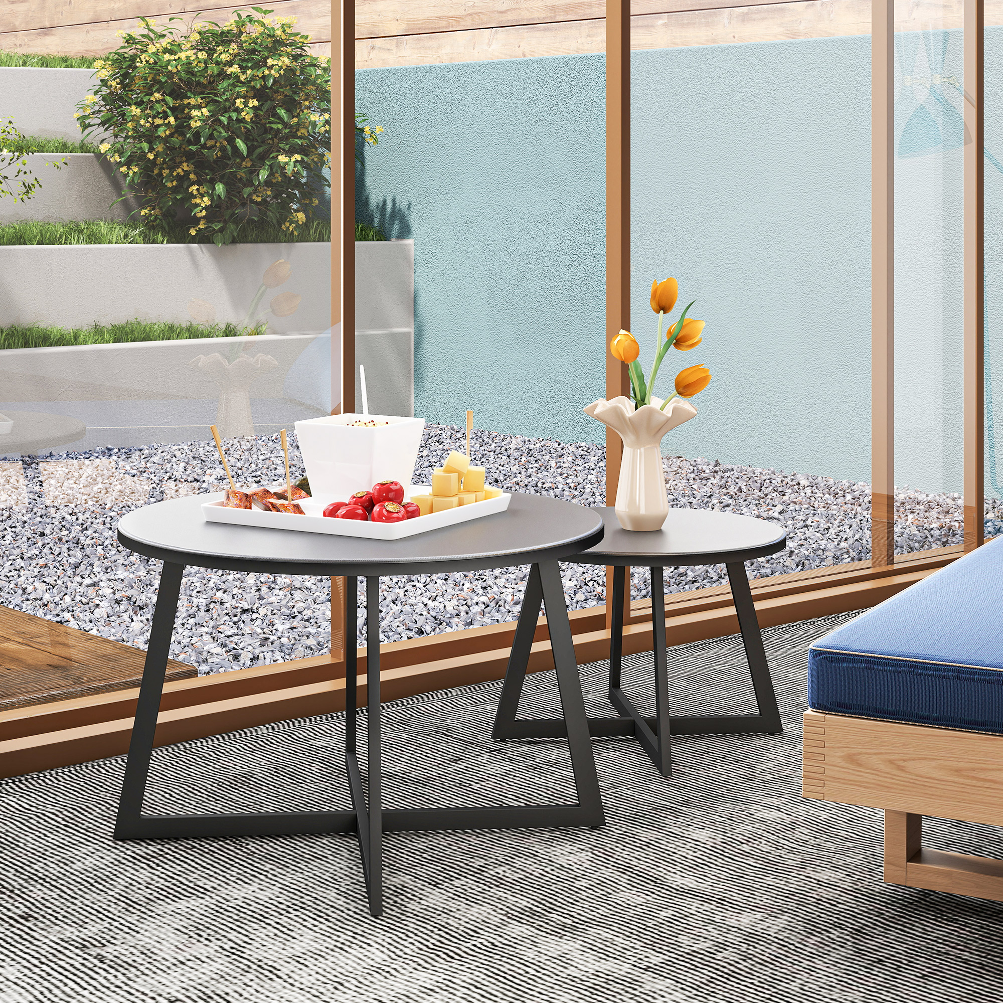  Set 2 Masute de Gradina cu Blat din Sticla Securizata, Ø70x45 cm, Gri [8]