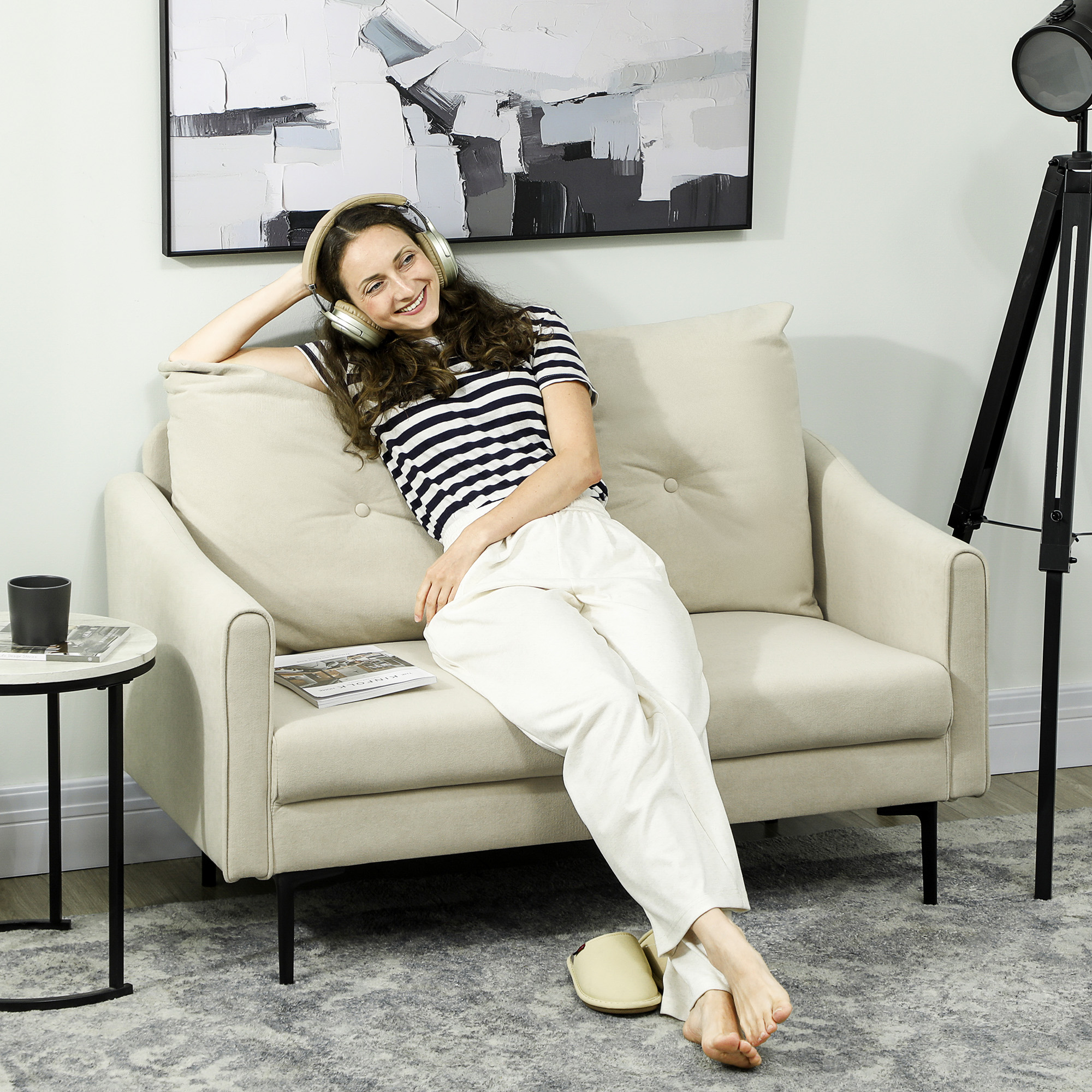  Canapea cu 2 Locuri Moderna cu Spatar Matlasat cu Butoane si Acoperire in Velluto, 124x73x92 cm, Crem [1]