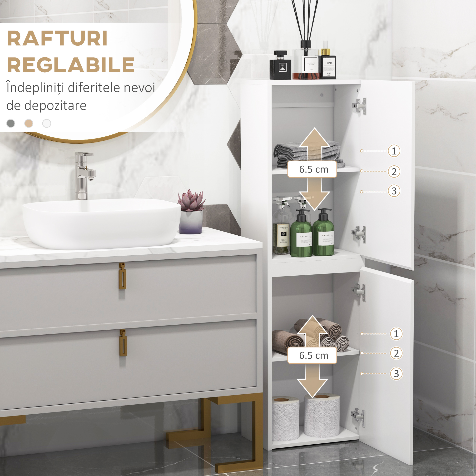 , Dulap de baie, cu Finisaj Lucios, Panou de PAL, 35x25x120 cm, Alb [5]