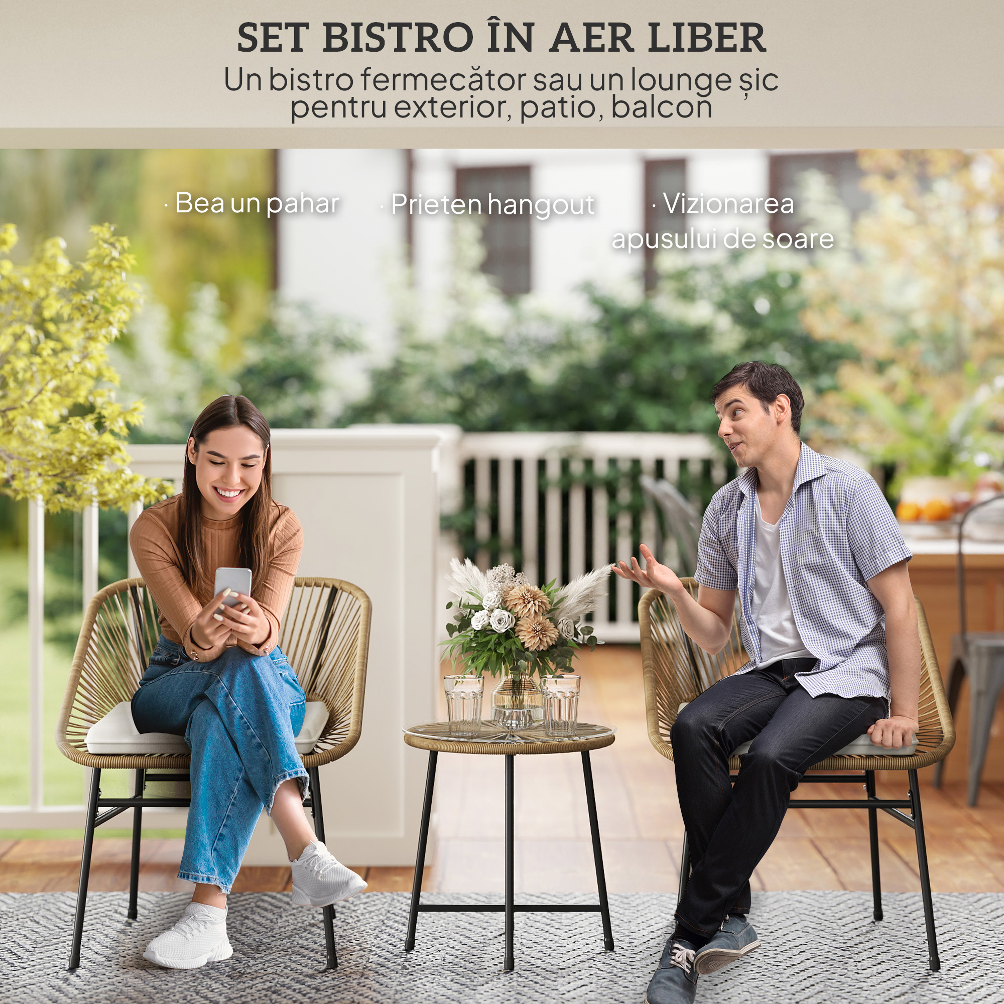  Set Bistro din 3 Piese cu Masuta de Cafea cu Blat de Sticla si 2 Scaune, Φ45x46 cm, Natural [3]