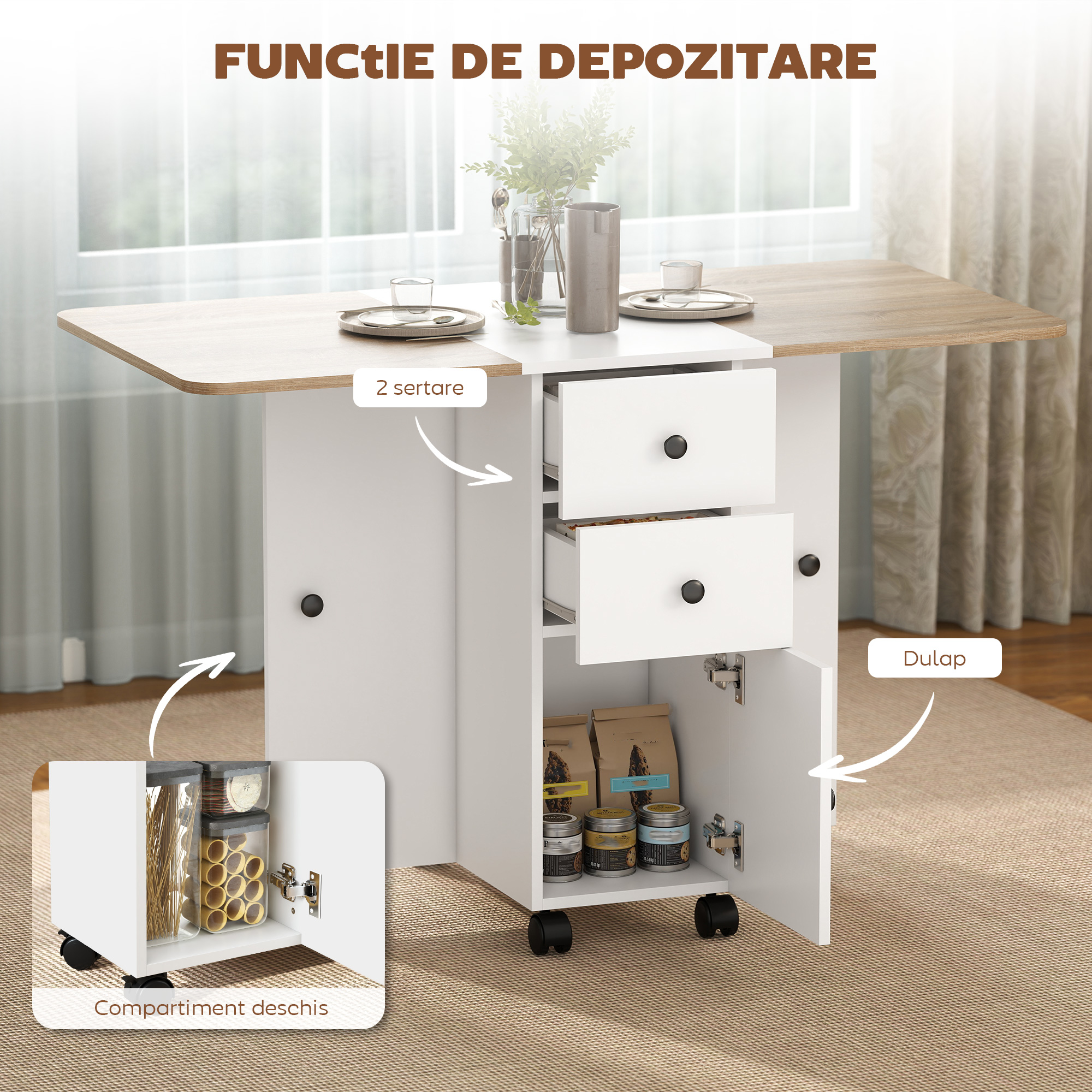  Masa pliabila cu 2 sertare si dulap, 6 roti si frane, 120x60x76.5 cm, alb si stejar [5]