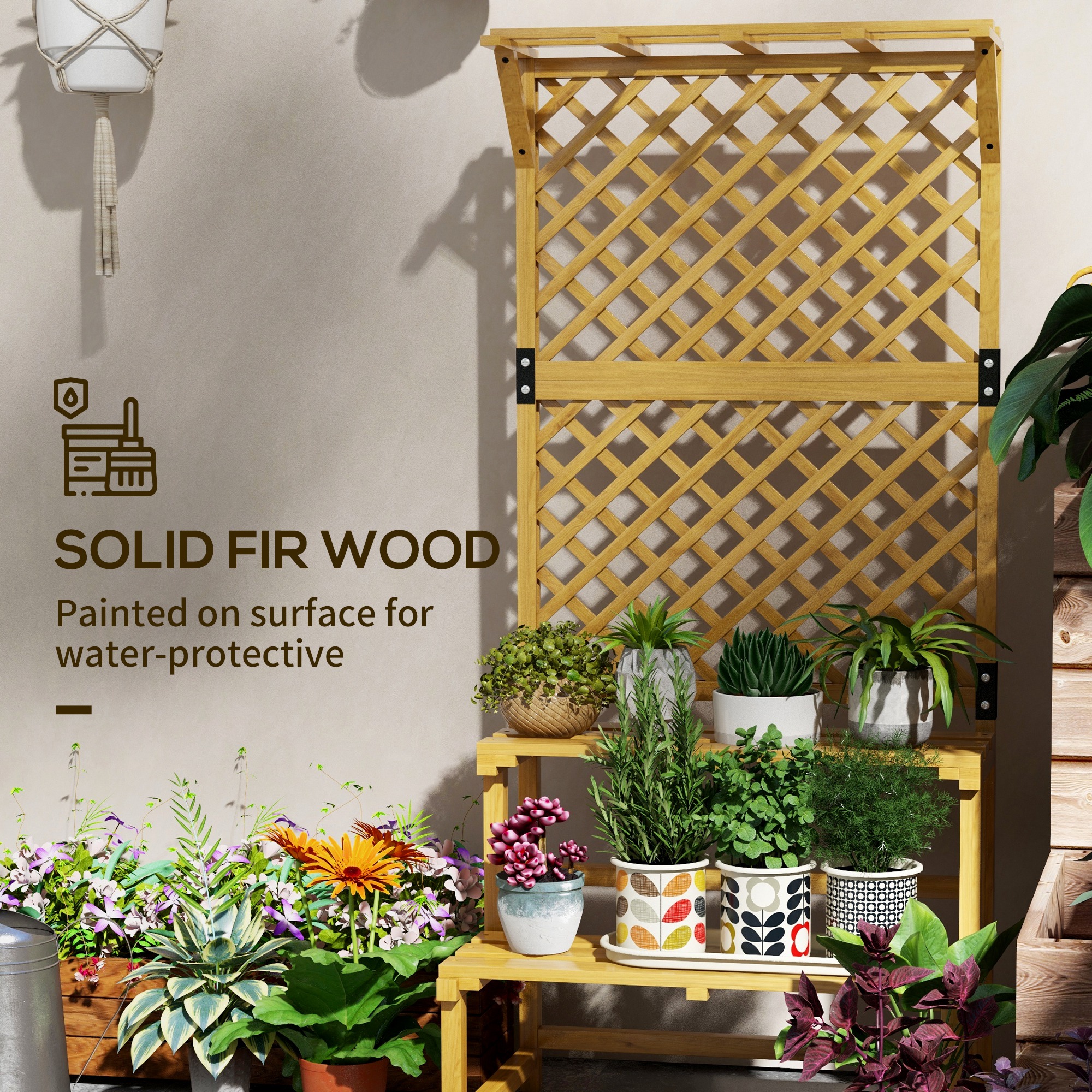  Suport pentru plante, Raft pentru flori, 2 nivele, cu spalier si acoperis, Lemn de brad, 75x50x166 cm, Galben [4]