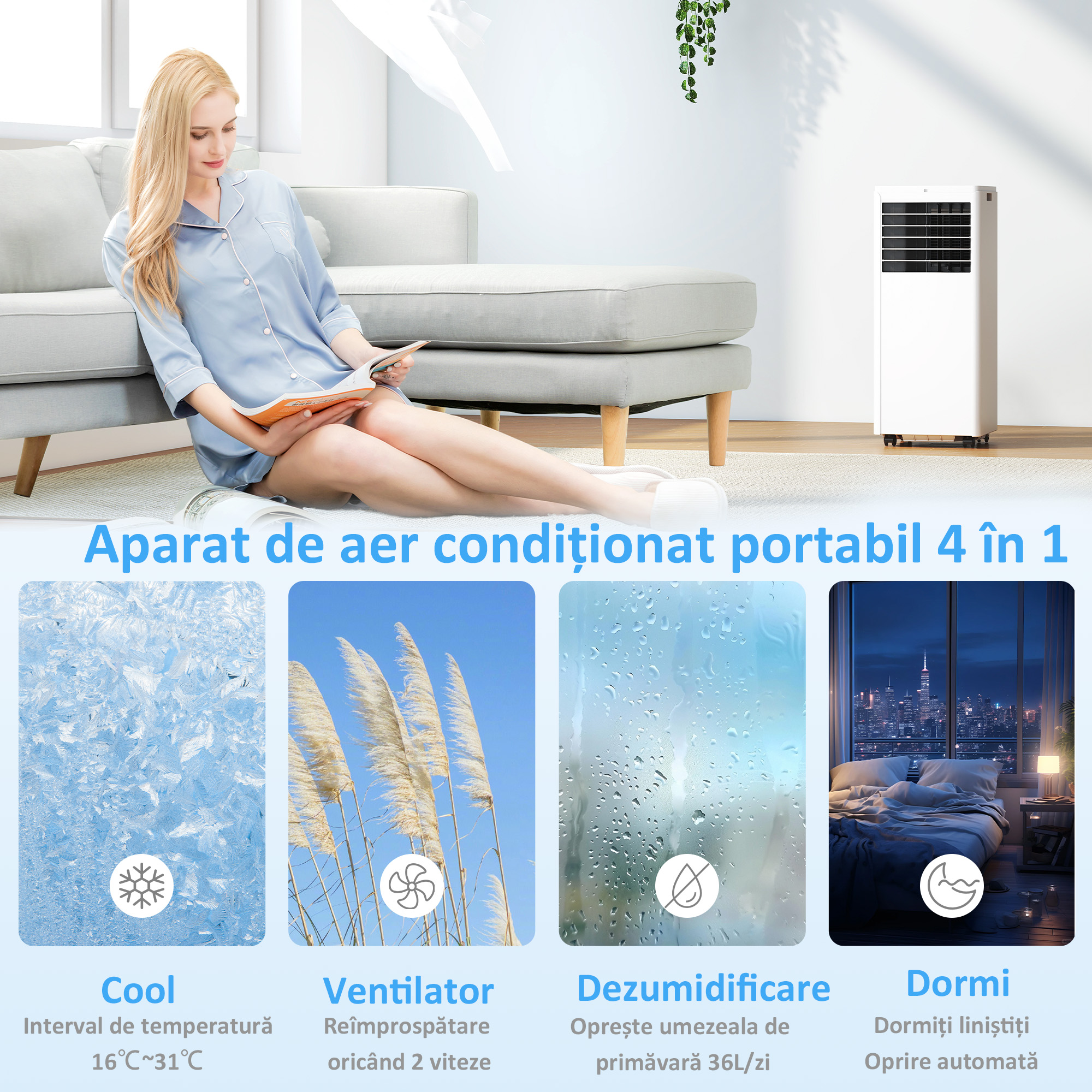  Aparat de Aer Conditionat Portabil 5000 BTU, Unitate 4-in-1: Racire, Dezumidificare, Ventilator, Modul Sleep [4]