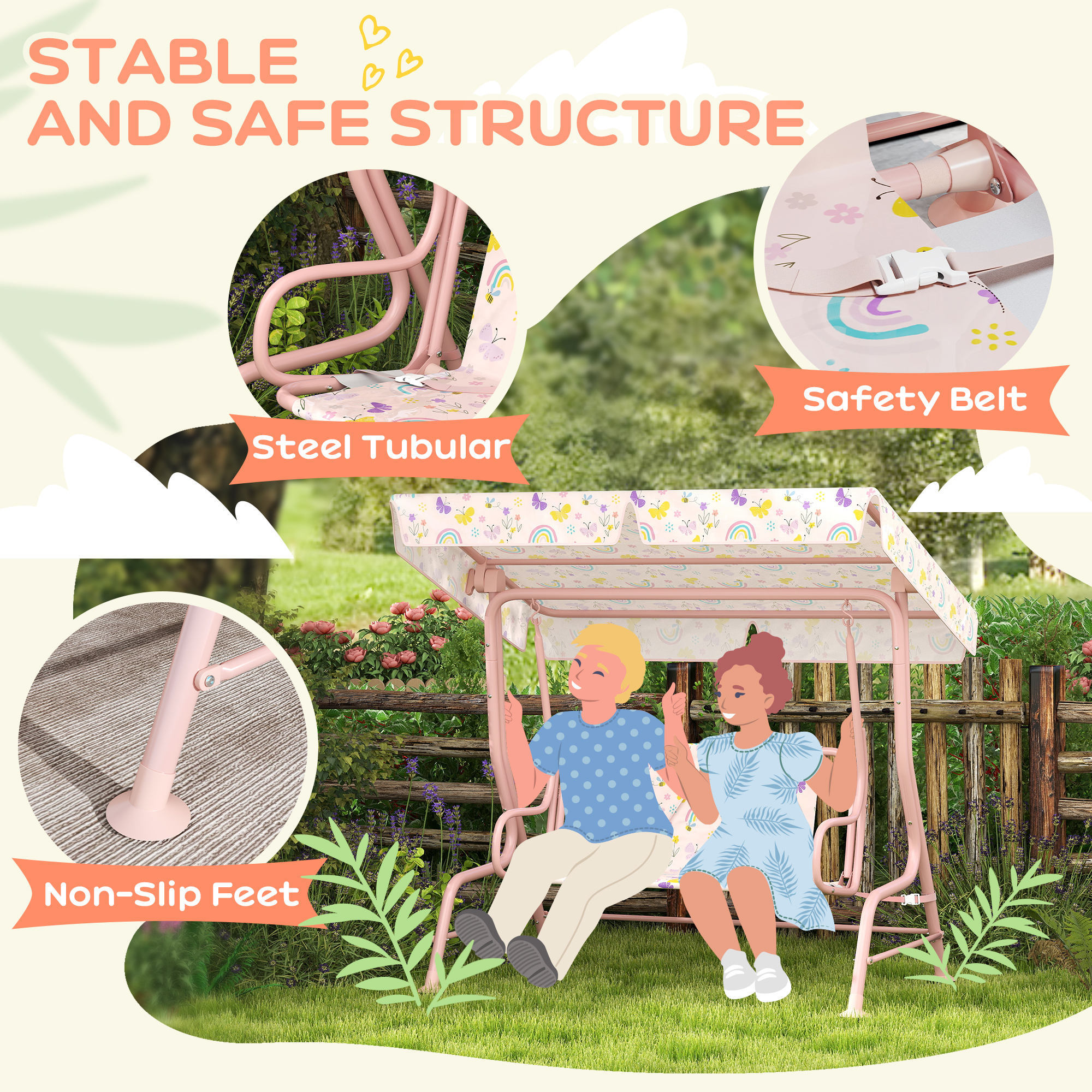  Leagan pentru Copii cu Copertina Reglabila si Centura de Siguranta, 120x112x75 cm, Roz [3]