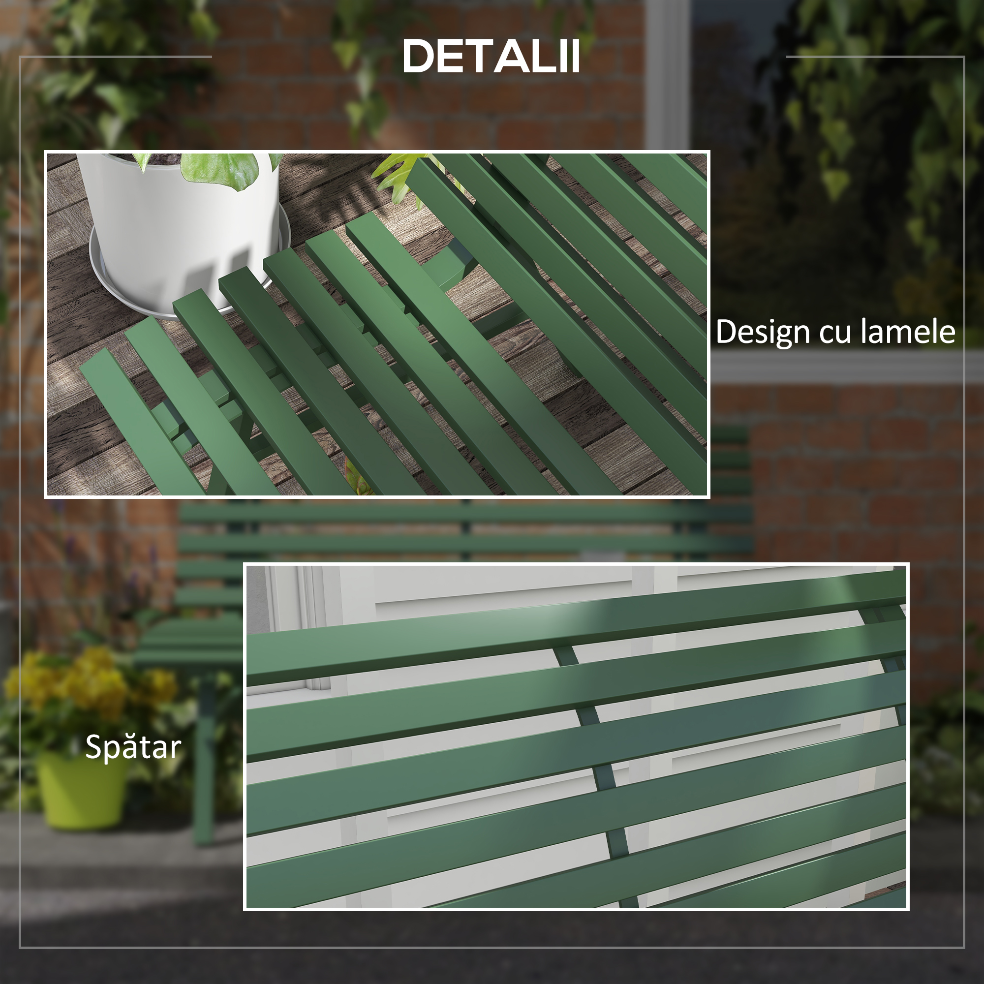  Banca pentru Gradina, Banca de Exterior pentru Terasa cu sezut si Spatar cu Lamele, 123x67x79 cm, Verde [5]